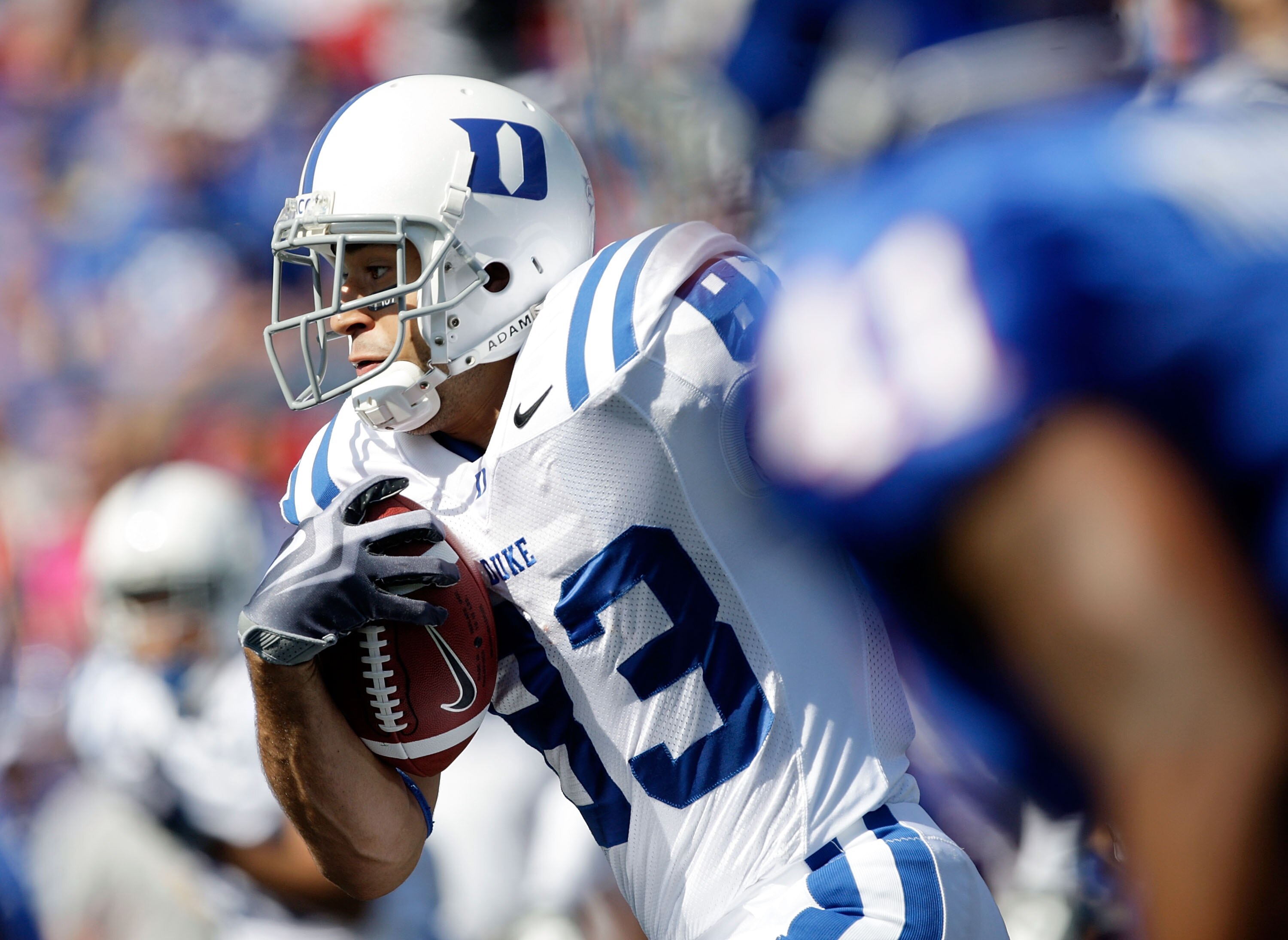 LAWRENCE, KS - SEPTEMBER 19:  Austin Kelly #83 of the Duke Blue Devils carries the ball during the 1st half of the game against the Kansas Jayhawks at Kivisto Field at Memorial Stadium on September 19, 2009 in Lawrence, Kansas.  (Photo by Jamie Squire/Get