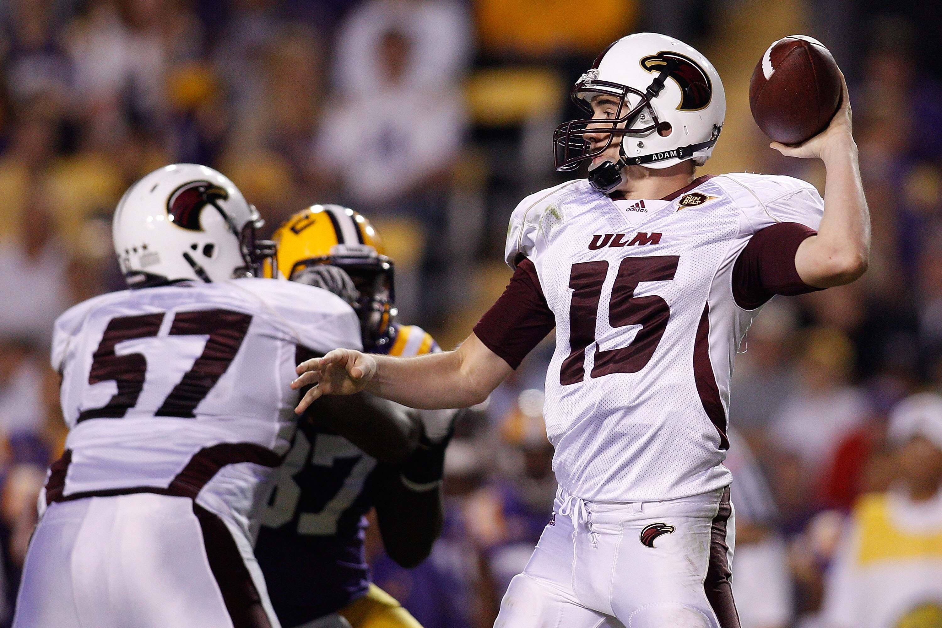 BATON ROUGE, LA - NOVEMBER 13:  Quarterback Kolton Browning #15 of the University of Louisiana-Monroe Warhawks throws a pass during the game against the Louisiana State University Tigers at Tiger Stadium on November 13, 2010 in Baton Rouge, Louisiana.  Th