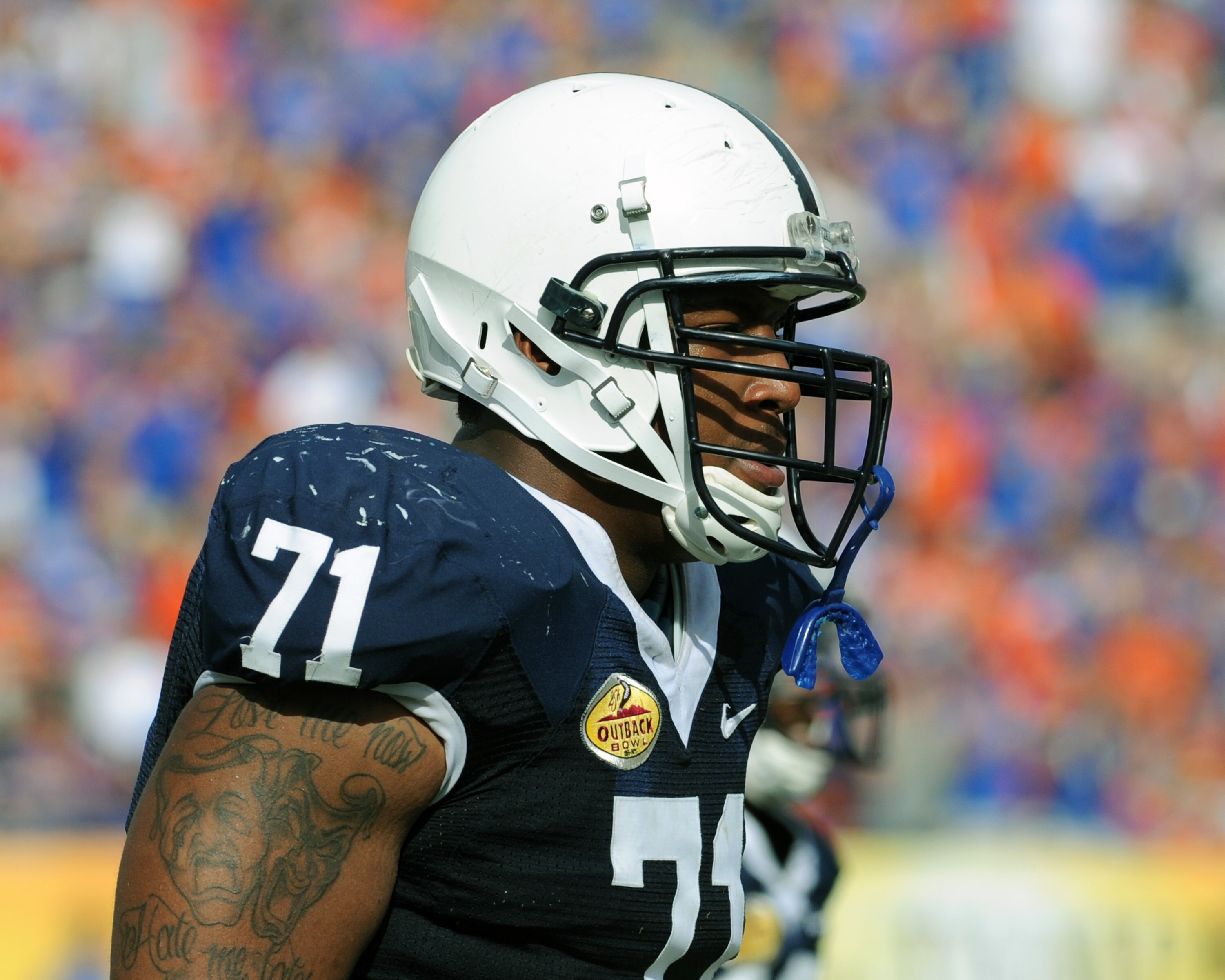 TAMPA, FL - JANUARY 1:  Defensive tackle Devon Still $71 of the Penn State Nittany Lions sets for play against the Florida Gators January 1, 2010 in the 25th Outback Bowl at Raymond James Stadium in Tampa, Florida.  (Photo by Al Messerschmidt/Getty Images