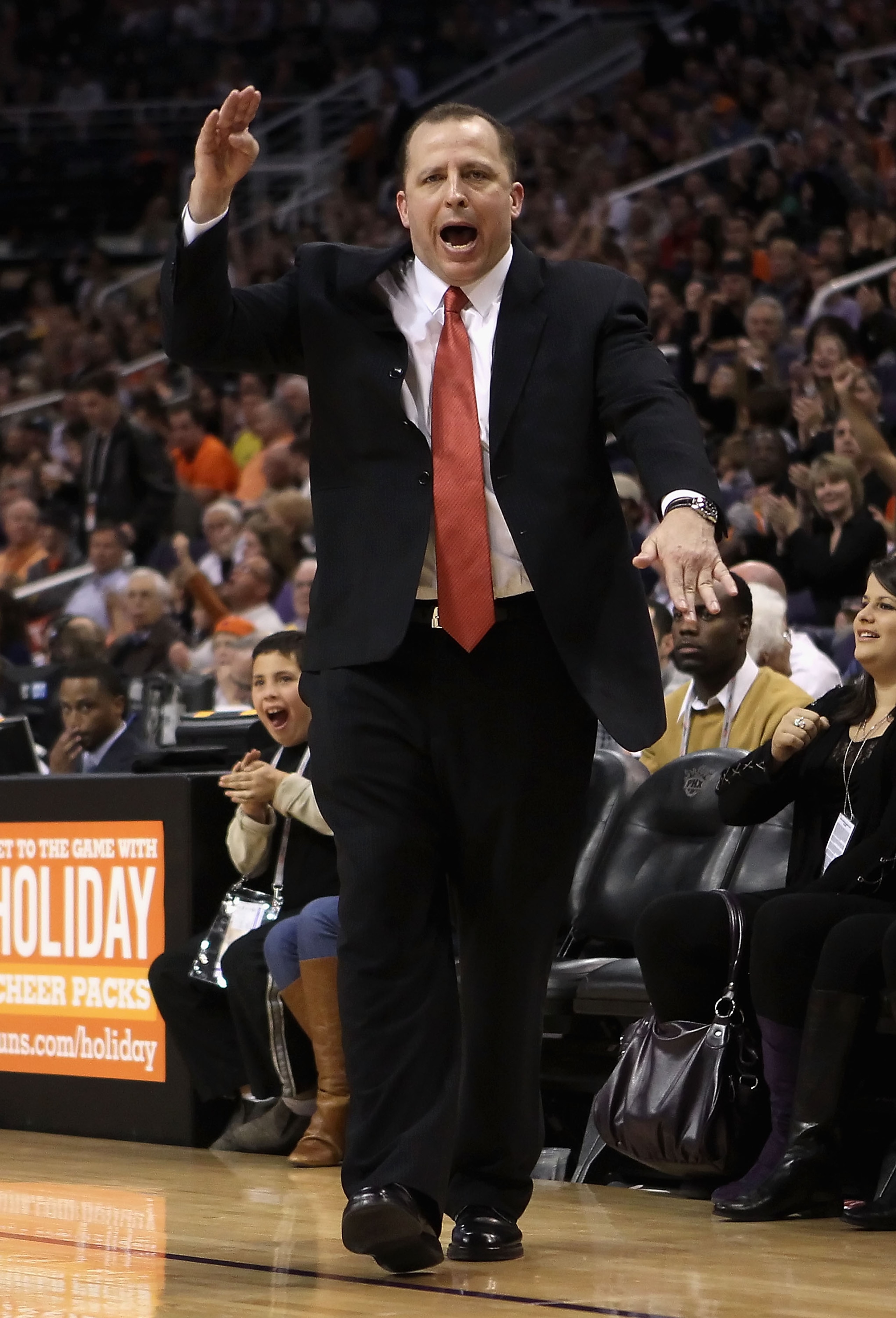PHOENIX - NOVEMBER 24:  Head coach Tom Thibodeau of the Chicago Bulls reacts during the NBA game against the Phoenix Suns at US Airways Center on November 24, 2010 in Phoenix, Arizona. The Bulls defeated the Suns 123-115 in double overtime.  NOTE TO USER: