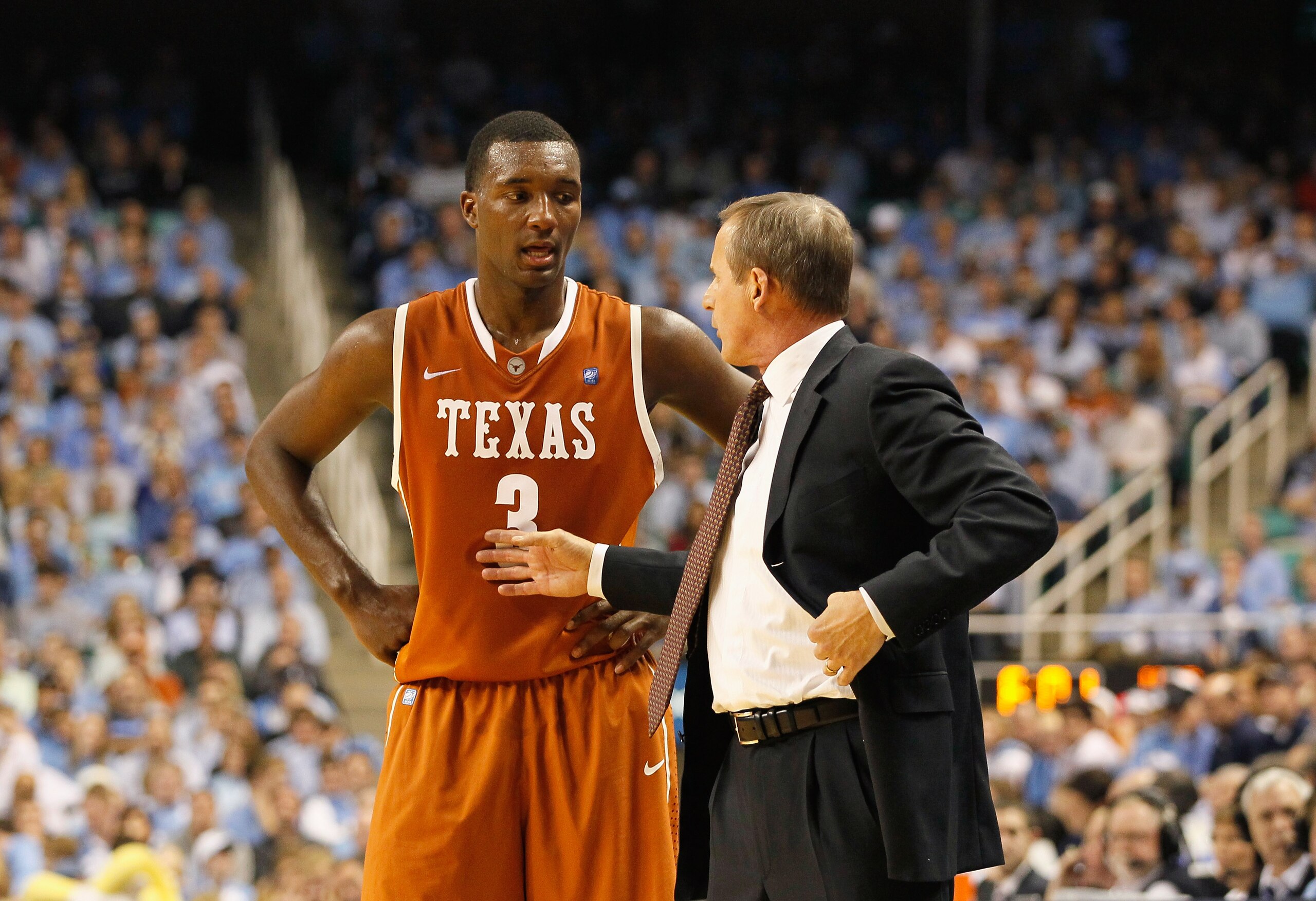GREENSBORO, NC - DECEMBER 18:  Jordan Hamilton #3 and head coach Rick Barnes of the Texas Longhorns against the North Carolina Tar Heels at Greensboro Coliseum on December 18, 2010 in Greensboro, North Carolina.  (Photo by Kevin C. Cox/Getty Images)