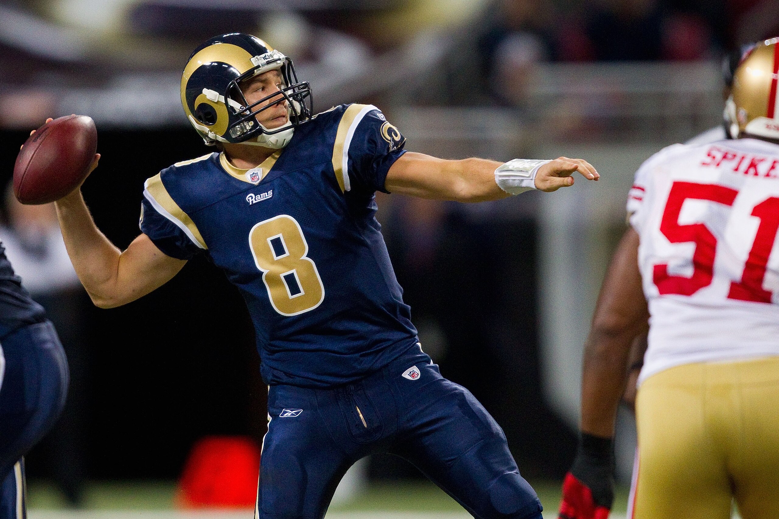 ST. LOUIS, MO - DECEMBER 26: Sam Bradford #8 of the St. Louis Rams passes against the San Francisco 49ers at the Edward Jones Dome on December 26, 2010 in St. Louis, Missouri. The Rams beat the 49ers 25-17. (Photo by Dilip Vishwanat/Getty Images) ST. LOUIS, MO - DECEMBER 26: Sam Bradford #8 of the St. Louis Rams passes against the San Francisco 49ers at the Edward Jones Dome on December 26, 2010 in St. Louis, Missouri. The Rams beat the 49ers 25-17. (Photo by Dilip Vishwanat/Getty Images)