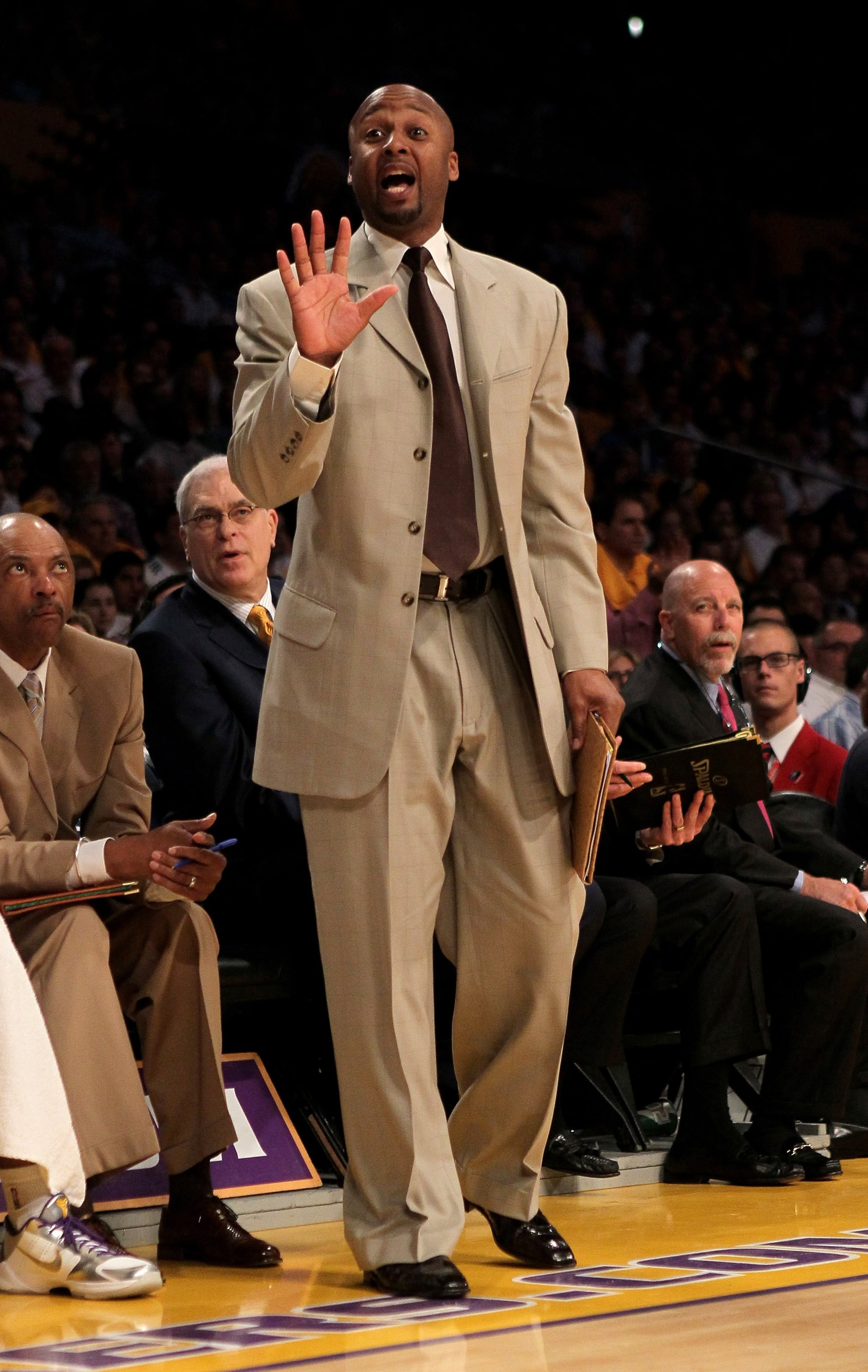 LOS ANGELES - APRIL 18:  Assistant coach Brian Shaw of the Los Angeles Lakers gives instructions against the Oklahoma City Thunder during  Game One of the Western Conference Quarterfinals of the 2010 NBA Playoffs on April 18, 2010 at Staples Center in Los
