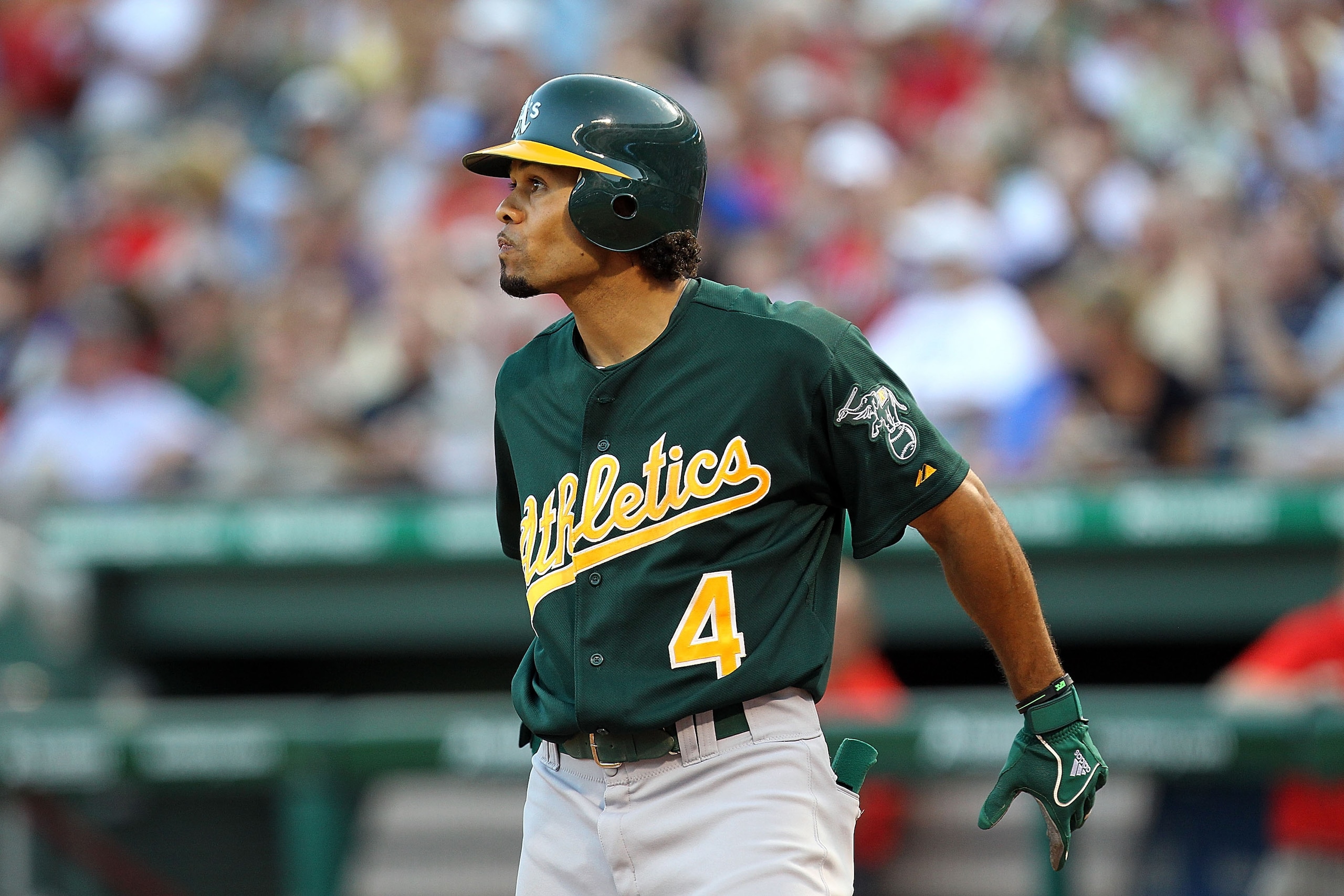 ARLINGTON, TX - JULY 29:  Coco Crisp #4 of the Oakland Athletics on July 29, 2010 at Rangers Ballpark in Arlington, Texas.  (Photo by Ronald Martinez/Getty Images)