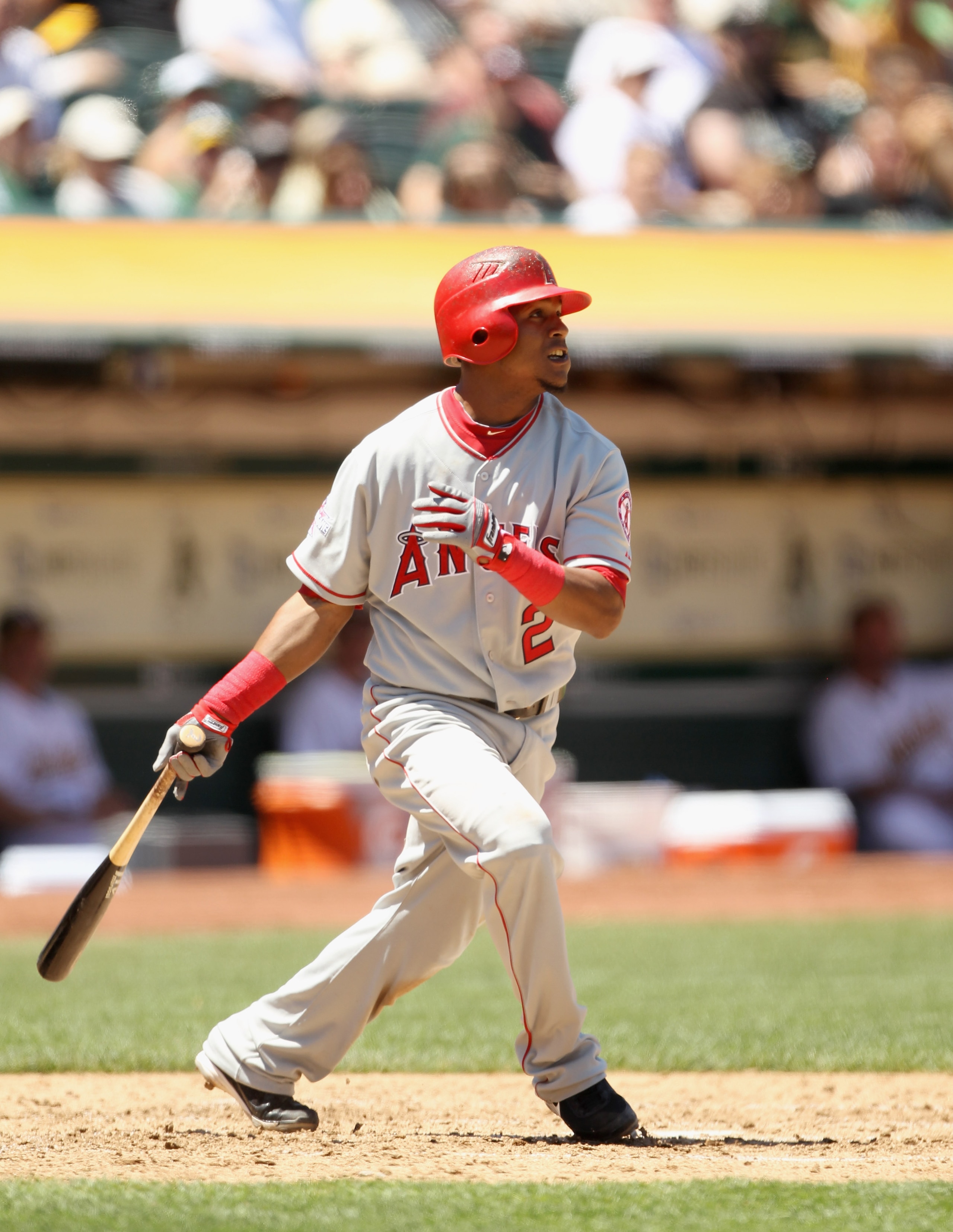 OAKLAND, CA - JULY 11:  Erick Aybar #2 of the Los Angeles Angels of Anaheim bats against the Oakland Athletics at the Oakland-Alameda County Coliseum on July 11, 2010 in Oakland, California.  (Photo by Ezra Shaw/Getty Images)