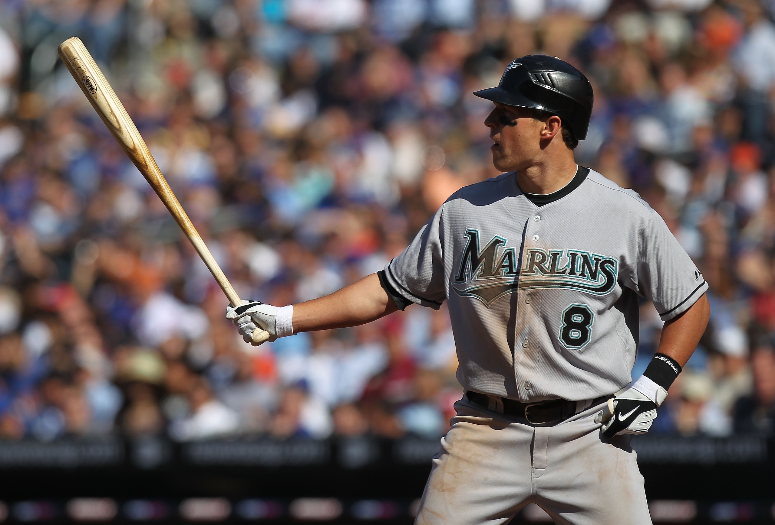 NEW YORK - APRIL 05:  Chris Coghlan #8 of the Florida Marlins at bat against the New York Mets during their Opening Day Game at Citi Field on April 5, 2010 in the Flushing neighborhood of the Queens borough of New York City.  (Photo by Nick Laham/Getty Im