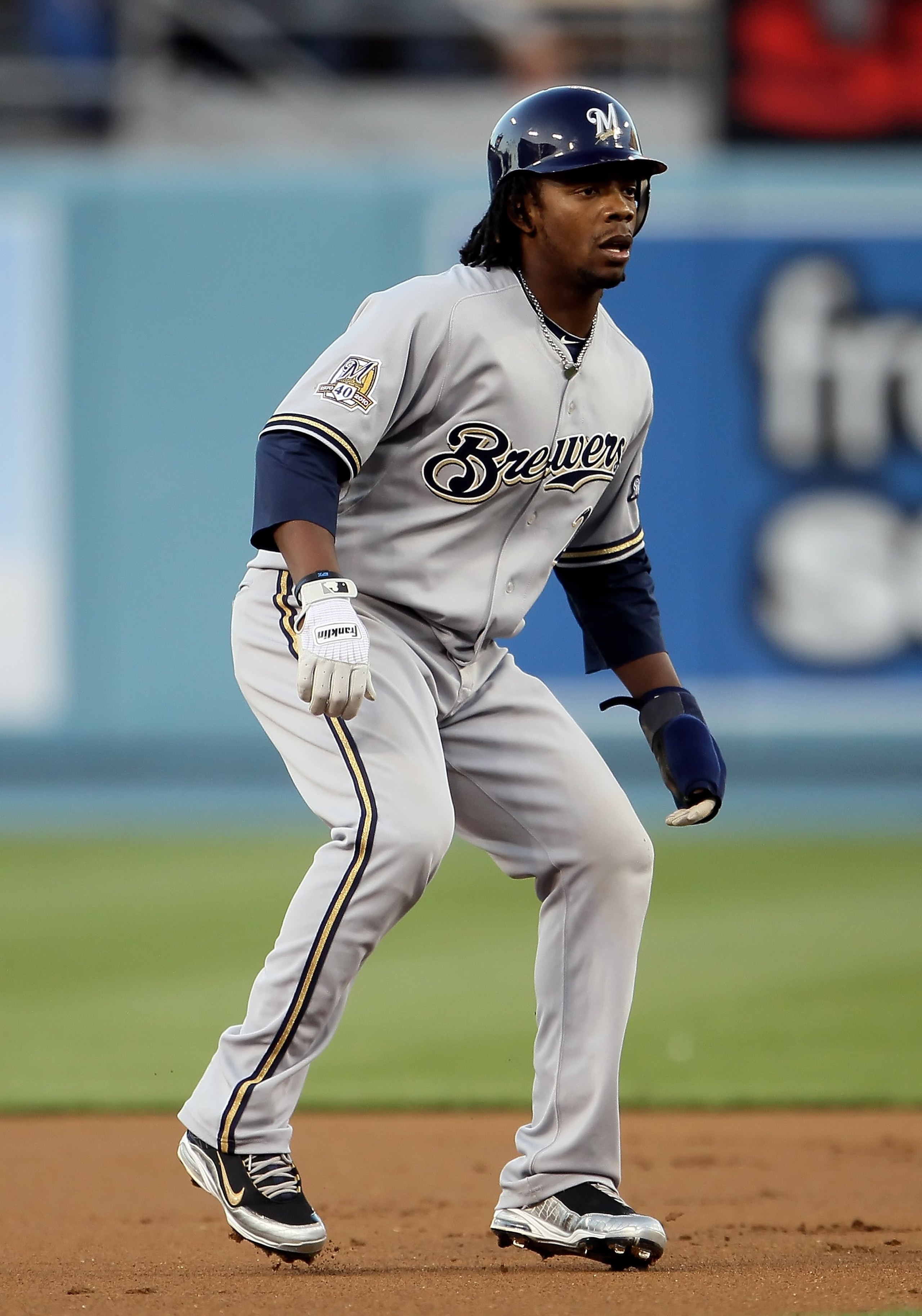 LOS ANGELES, CA - MAY 04:  Rickie Weeks #23 of the Milwaukee Brewers leads off of second base against the Los Angeles Dodgers at Dodger Stadium on May 4, 2010 in Los Angeles, California. The Brewers defeated the Dodgers 11-6.  (Photo by Jeff Gross/Getty I