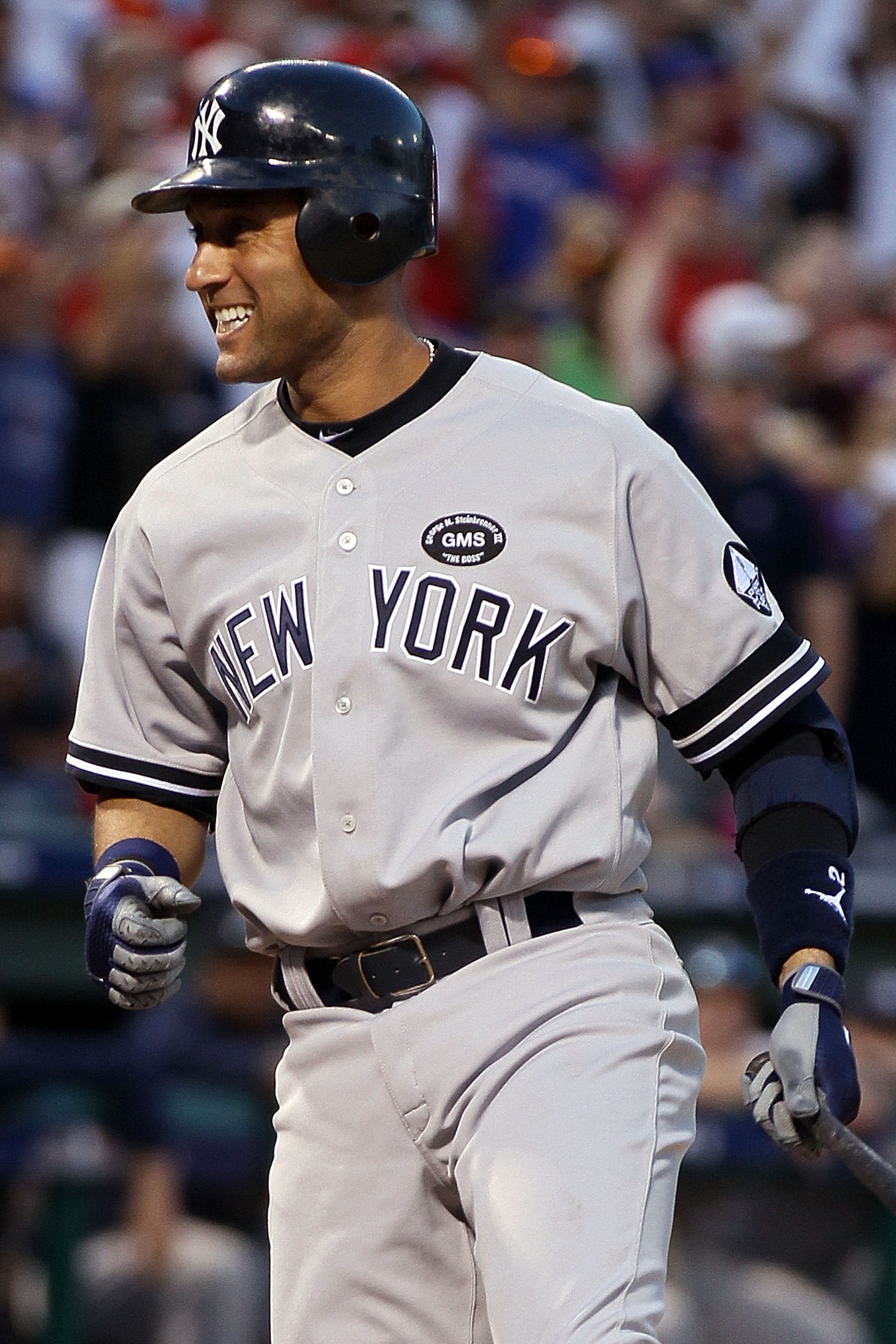 ARLINGTON, TX - OCTOBER 16:  Derek Jeter #2 of the New York Yankees reacts against the Texas Rangers in Game Two of the ALCS during the 2010 MLB Playoffs at Rangers Ballpark in Arlington on October 16, 2010 in Arlington, Texas.  (Photo by Elsa/Getty Image