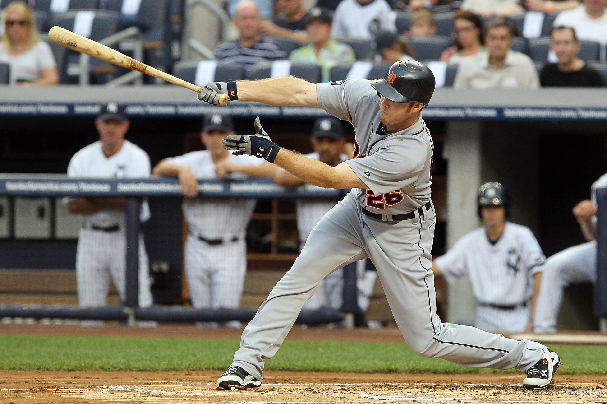 NEW YORK - AUGUST 16: Brennan Boesch #26 of the Detroit Tigers connects on a first inning base hit against the New York Yankees on August 16, 2010 at Yankee Stadium in the Bronx borough of New York City. (Photo by Jim McIsaac/Getty Images) NEW YORK - AUGUST 16: Brennan Boesch #26 of the Detroit Tigers connects on a first inning base hit against the New York Yankees on August 16, 2010 at Yankee Stadium in the Bronx borough of New York City. (Photo by Jim McIsaac/Getty Images)