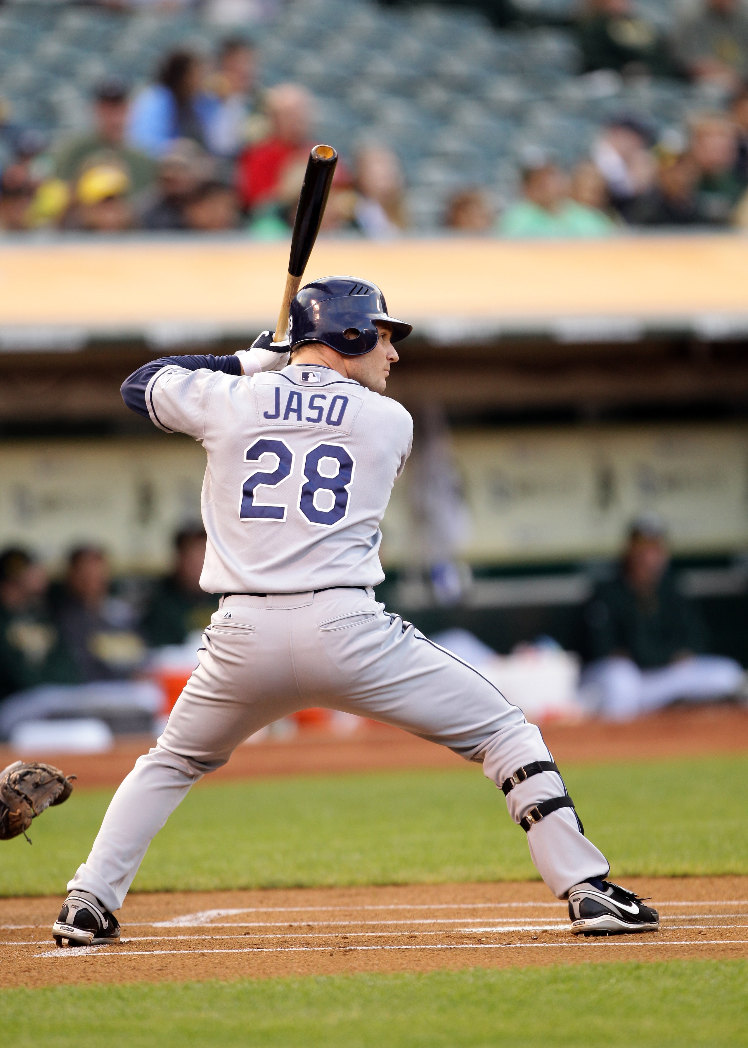 OAKLAND, CA - AUGUST 20: John Jaso #28 of the Tampa Bay Rays bats against the Oakland Athletics at the Oakland-Alameda County Coliseum on August 20, 2010 in Oakland, California. (Photo by Ezra Shaw/Getty Images) OAKLAND, CA - AUGUST 20: John Jaso #28 of the Tampa Bay Rays bats against the Oakland Athletics at the Oakland-Alameda County Coliseum on August 20, 2010 in Oakland, California. (Photo by Ezra Shaw/Getty Images)