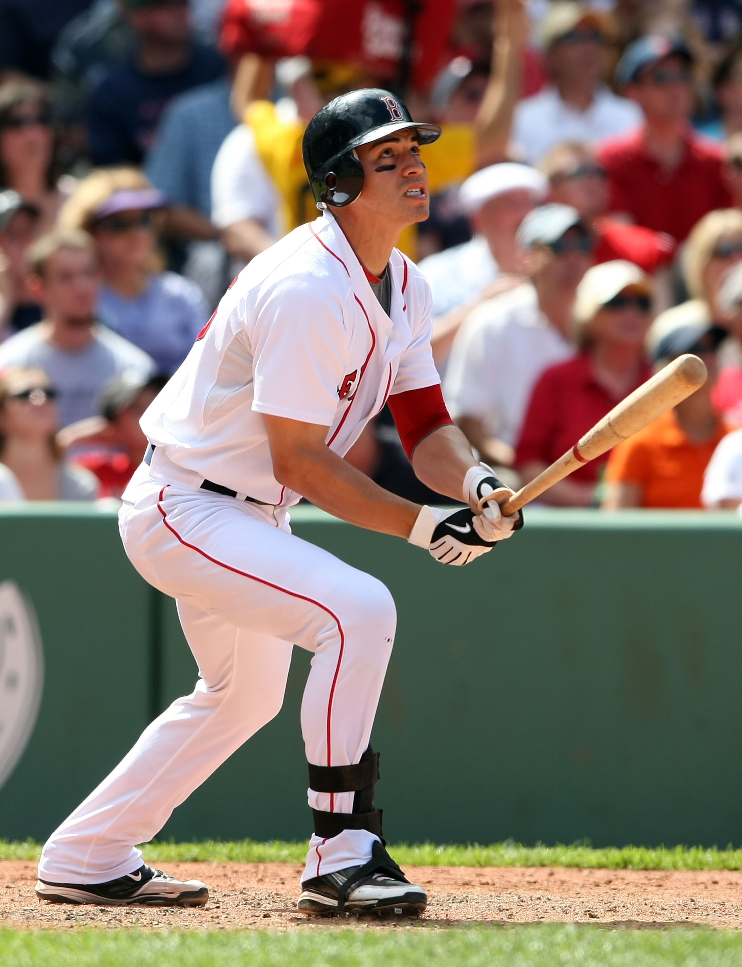 BOSTON - JULY 05:  Jacoby Ellsbury #46 of the Boston Red Sox watches his solo home run in the seventh inning against the Seattle Mariners on July 5, 2009 at Fenway Park in Boston, Massachusetts.  (Photo by Elsa/Getty Images)