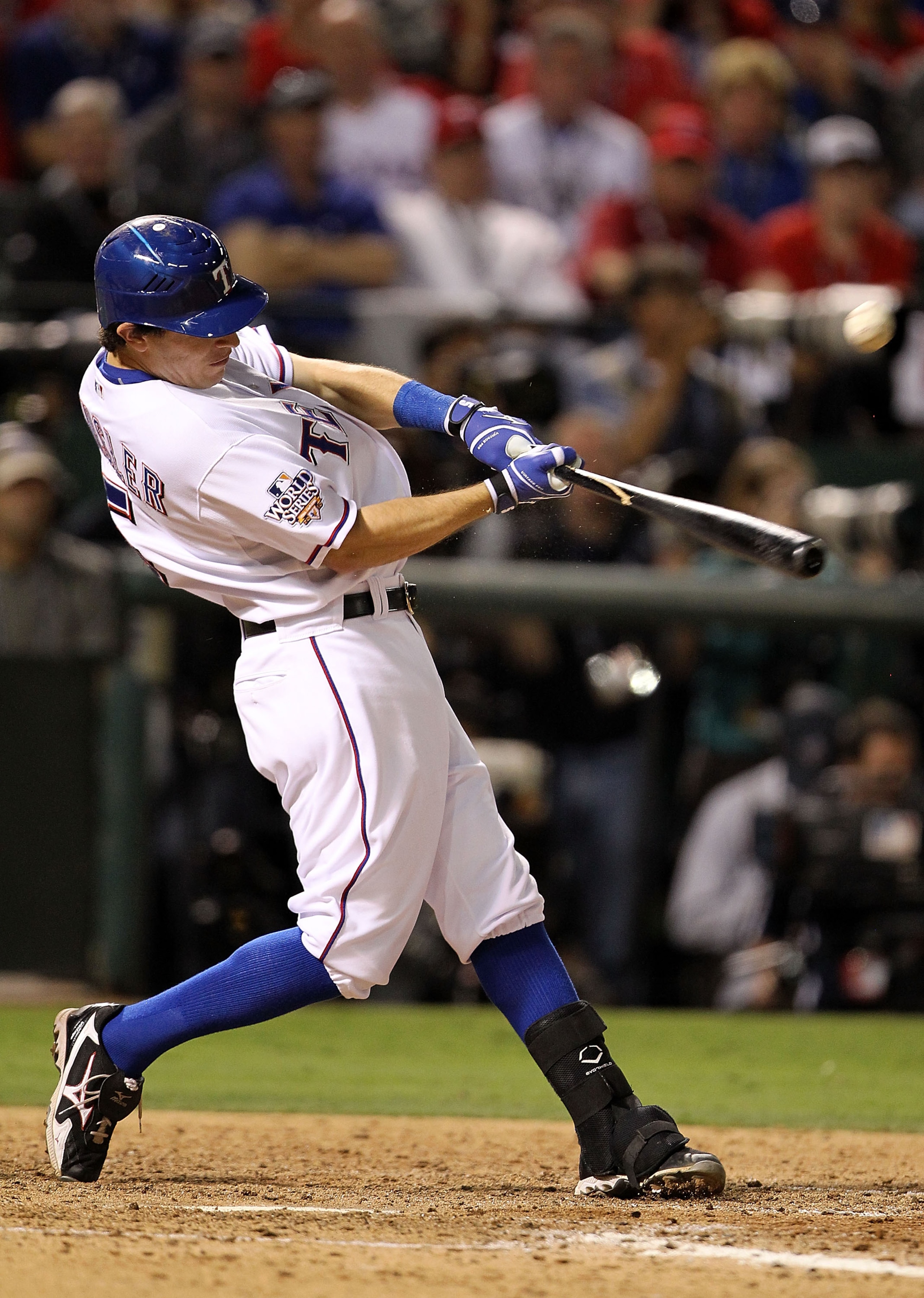 ARLINGTON, TX - OCTOBER 30:  Ian Kinsler #5 of the Texas Rangers breaks his bat on a single against the San Francisco Giants in Game Three of the 2010 MLB World Series at Rangers Ballpark in Arlington on October 30, 2010 in Arlington, Texas.  (Photo by Ro