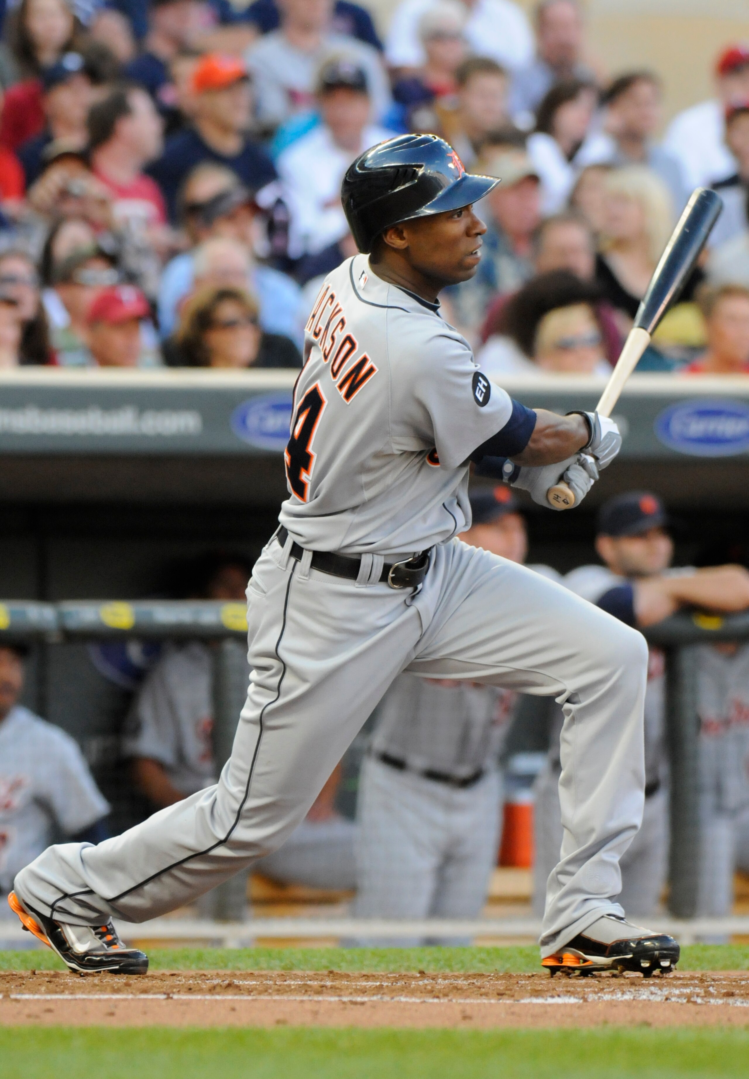 MINNEAPOLIS, MN - JUNE 28: Austin Jackson #14 of the Detroit Tigers singles in the second inning against the Minnesota Twins during their game on June 28, 2010 at Target Field in Minneapolis, Minnesota. Tigers won 7-5. (Photo by Hannah Foslien /Getty Imag MINNEAPOLIS, MN - JUNE 28: Austin Jackson #14 of the Detroit Tigers singles in the second inning against the Minnesota Twins during their game on June 28, 2010 at Target Field in Minneapolis, Minnesota. Tigers won 7-5. (Photo by Hannah Foslien /Getty Imag