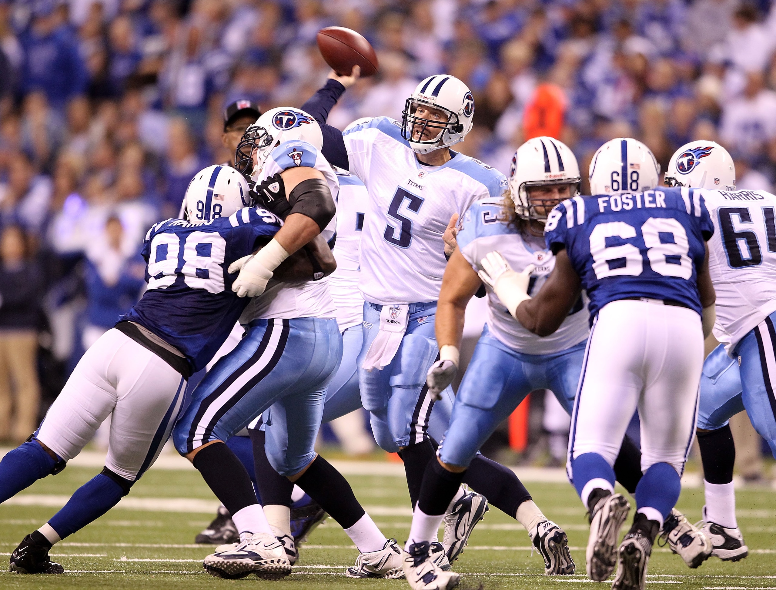 INDIANAPOLIS - JANUARY 02: Kerry Collins #5 of the Tennessee Titans throws a pass during NFL game against the Indianapolis Colts at Lucas Oil Stadium on January 2, 2011 in Indianapolis, Indiana. (Photo by Andy Lyons/Getty Images) INDIANAPOLIS - JANUARY 02: Kerry Collins #5 of the Tennessee Titans throws a pass during NFL game against the Indianapolis Colts at Lucas Oil Stadium on January 2, 2011 in Indianapolis, Indiana. (Photo by Andy Lyons/Getty Images)