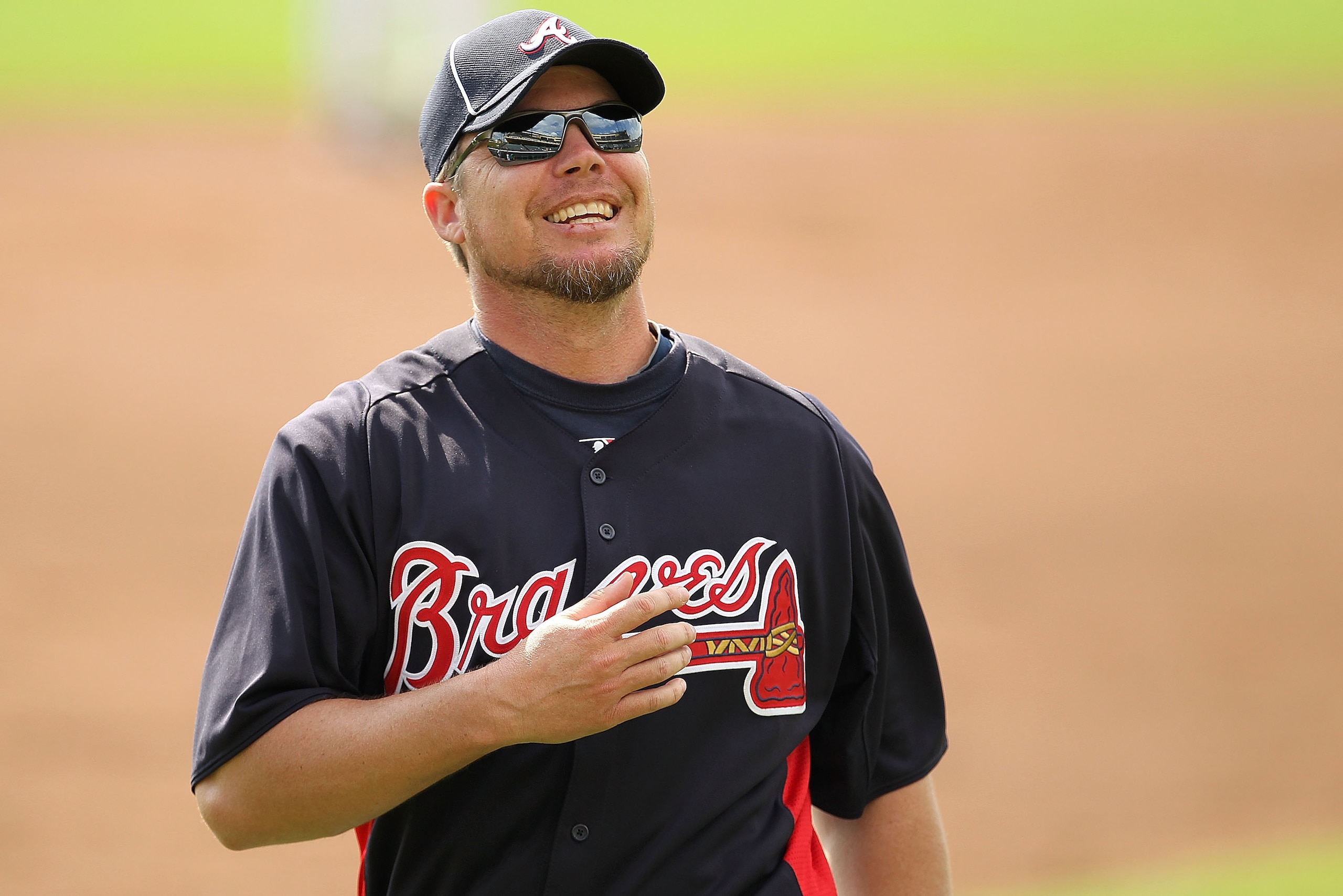LAKE BUENA VISTA, FL - FEBRUARY 21:  Chipper Jones #10 of the Atlanta Braves stands on the field during a spring training workout at Champion Stadium on February 21, 2011 in Lake Buena Vista, Florida.  (Photo by Mike Ehrmann/Getty Images)