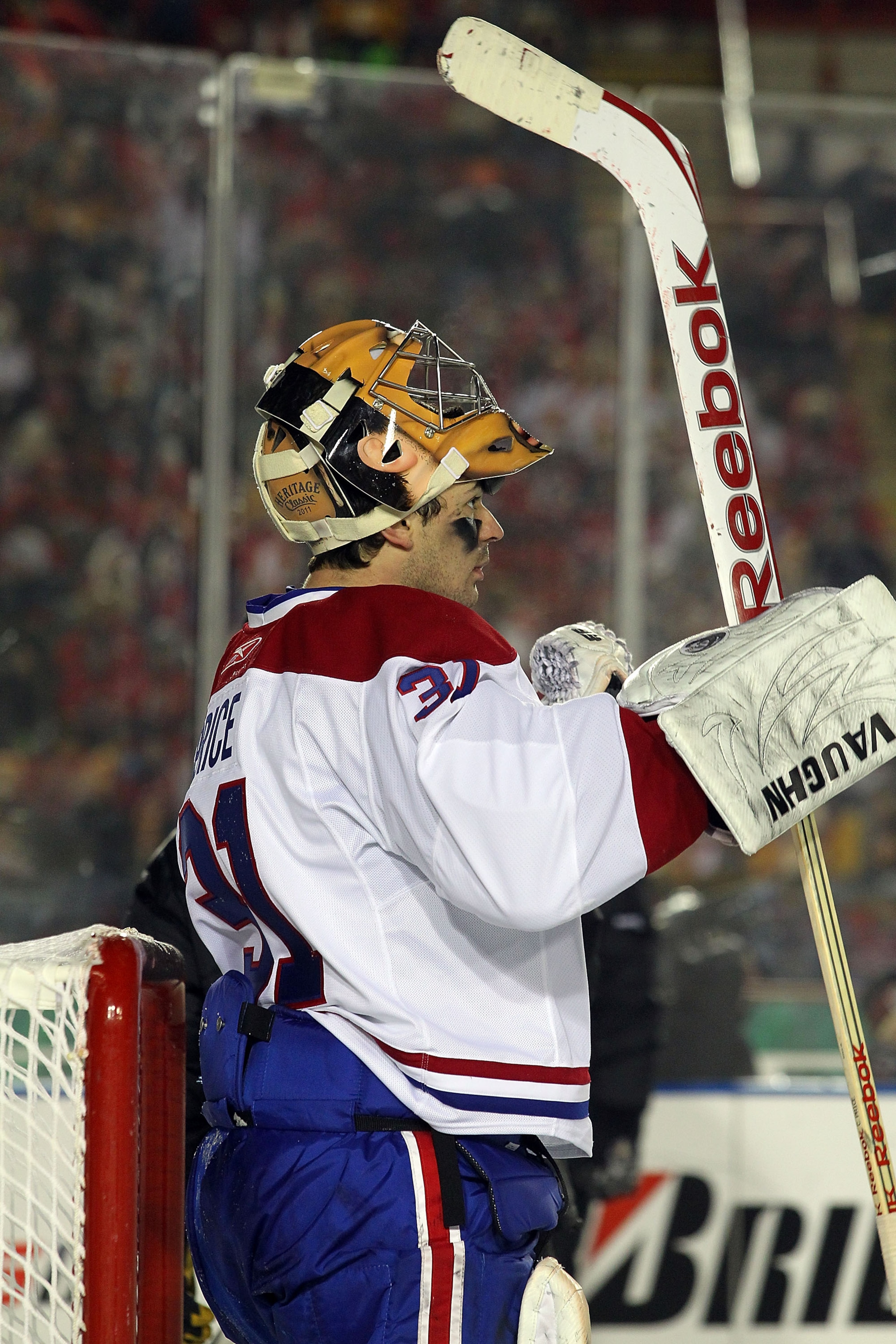 CALGARY, AB - FEBRUARY 20:  Carey Price #31 of the Montreal Canadiens tends net against the Calgary Flames during the 2011 NHL Heritage Classic Game at McMahon Stadium on February 20, 2011 in Calgary, Alberta, Canada. The Flames defeated the Canadiens 4-0