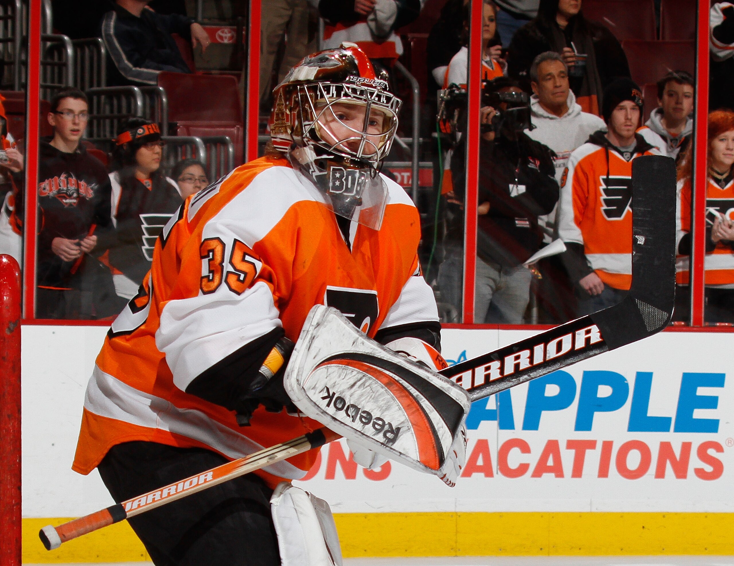 PHILADELPHIA, PA - FEBRUARY 03:  Goalie Sergei Bobrovsky #35 of the Philadelphia Flyers watches the puck in warmups before  an NHL hockey game against the Nashville Predators at the Wells Fargo Center on February 3, 2011 in Philadelphia, Pennsylvania.  (P