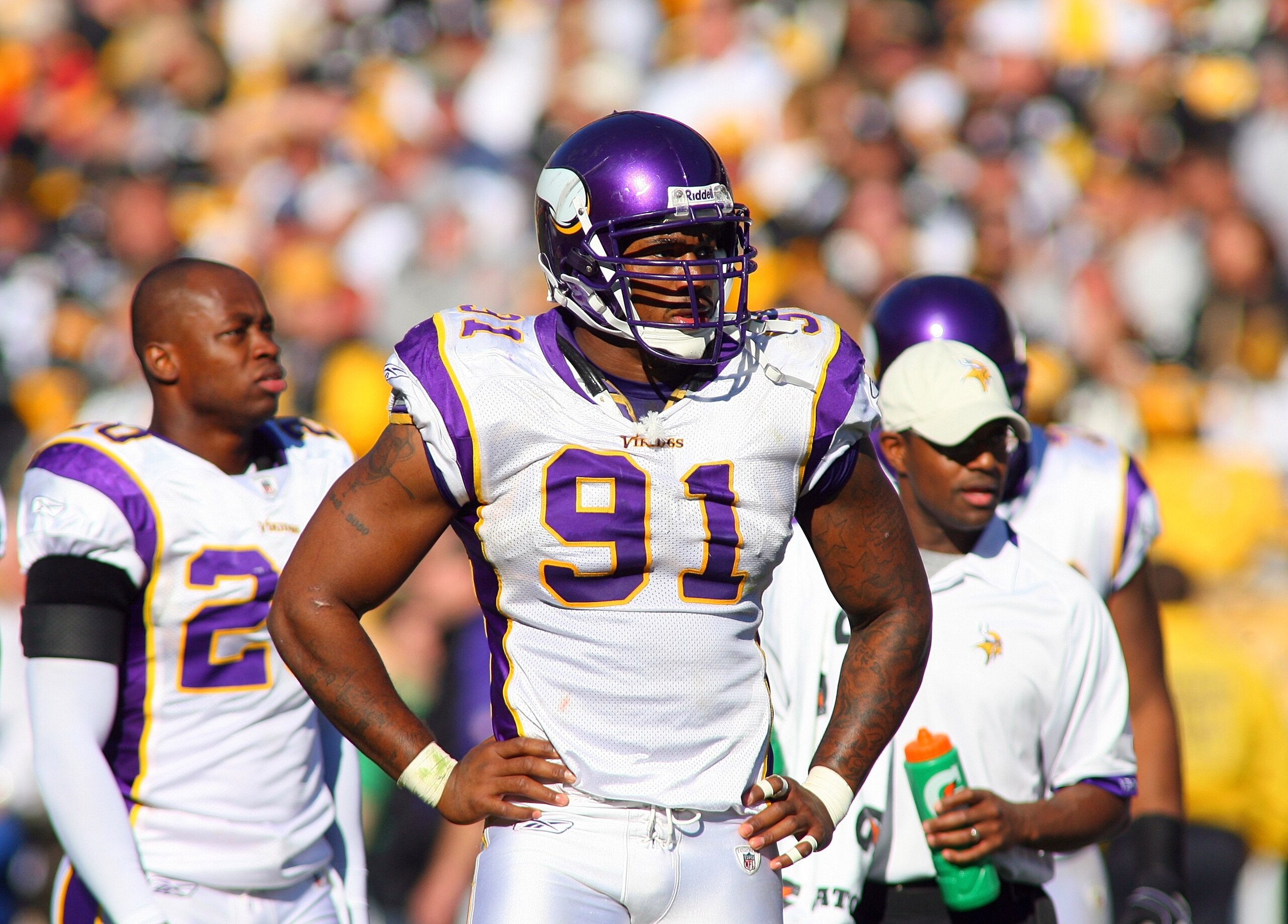 PITTSBURGH - OCTOBER 25:  Ray Edwards #91 of the Minnesota Vikings looks on from the side line during the NFL game against the Pittsburgh Steelers at Heinz Field on October 25, 2009 in Pittsburgh, Pennsylvania. The Steelers defeated the Vikings 27-17. (Ph