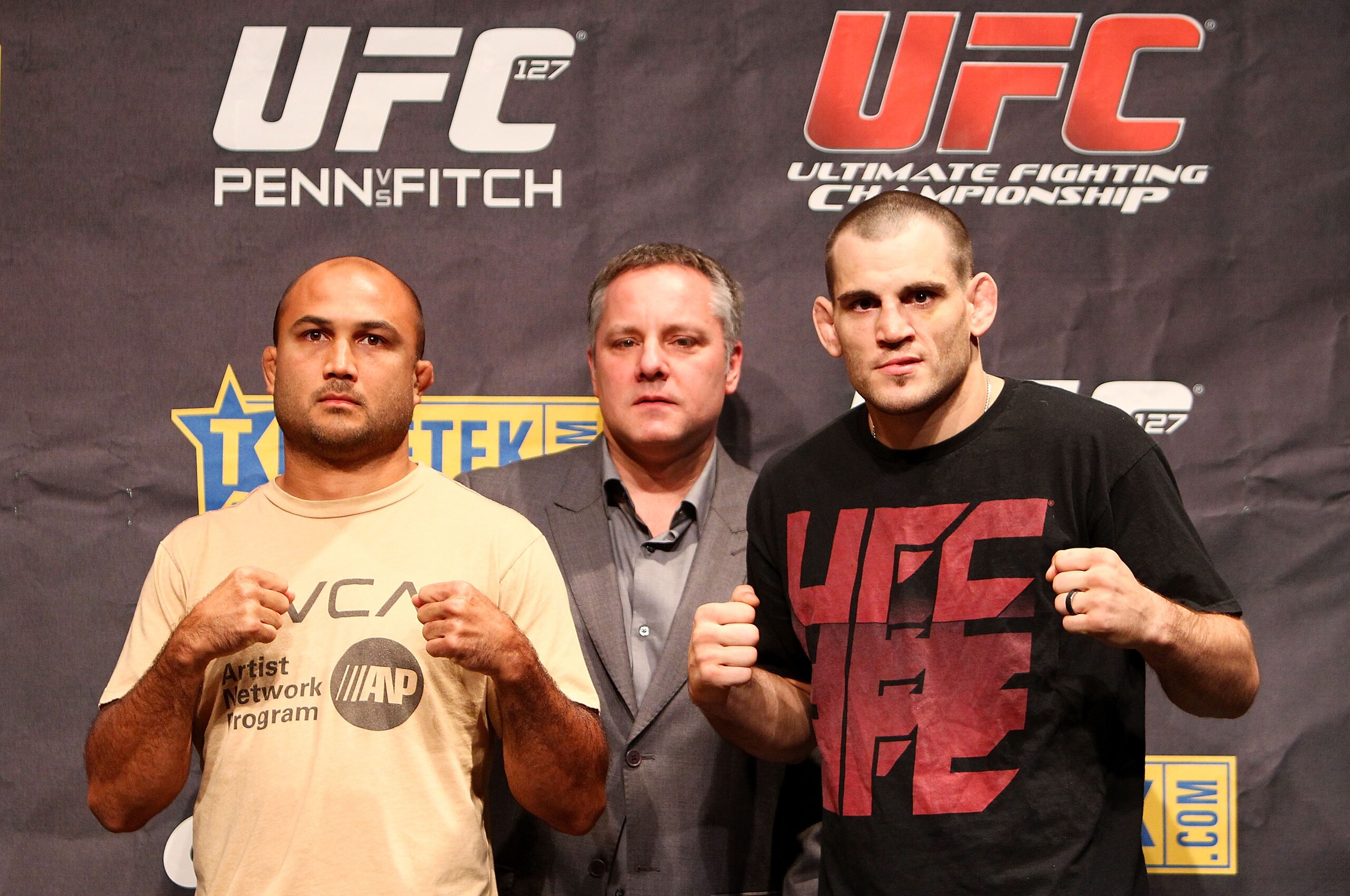 SYDNEY, AUSTRALIA - DECEMBER 14: BJ Penn, Managing Director of International Development Marshall Zelaznik and Jon Fitch pose for a photo during a UFC 127 Press Conference at Star City on December 14, 2010 in Sydney, Australia.  (Photo by Mark Nolan/Getty