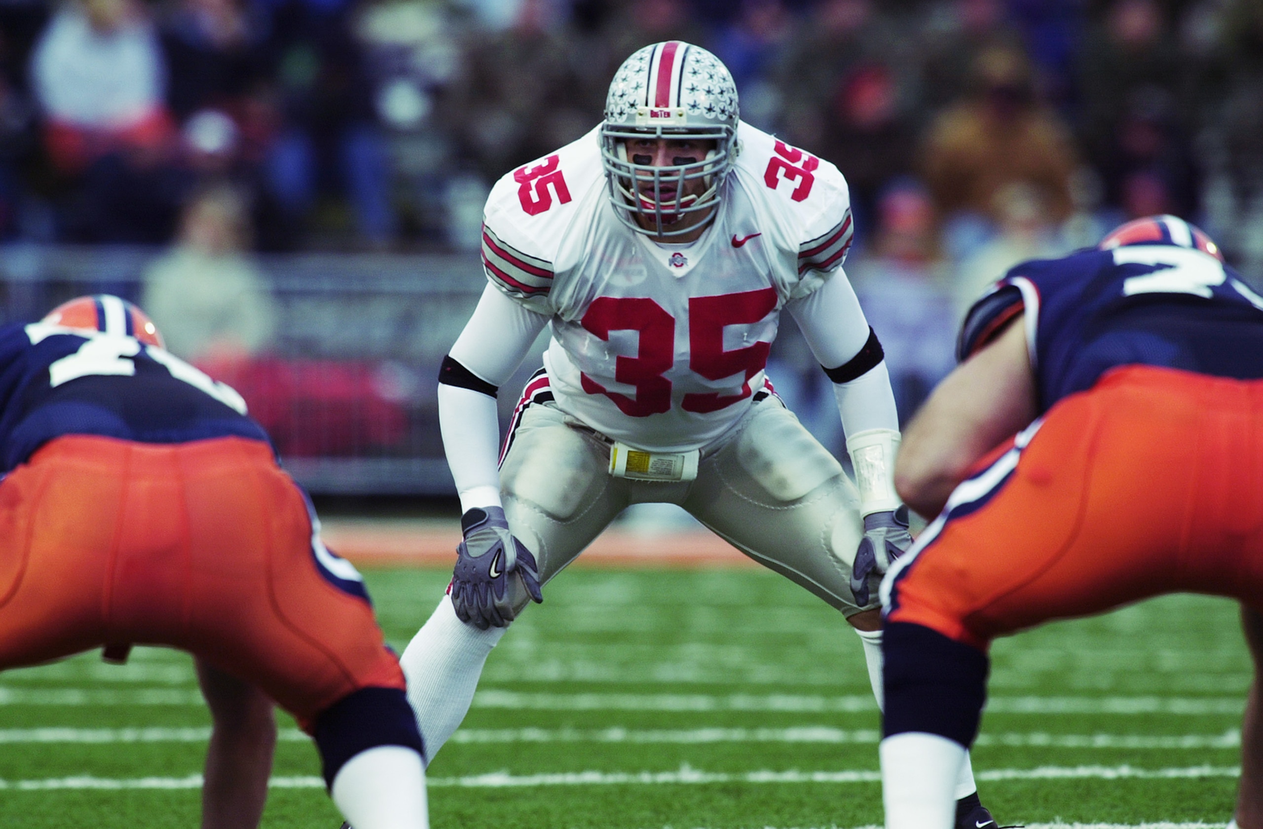 CHAMPAIGN, IL - NOVEMBER 16:  Linebacker Matt Wilhelm #35 of the Ohio State University Buckeyes waits for the snap during the Big Ten game against the University of Illinois Fighting Illini at Memorial Stadium on November 16, 2002 in Champaign, Illinois.
