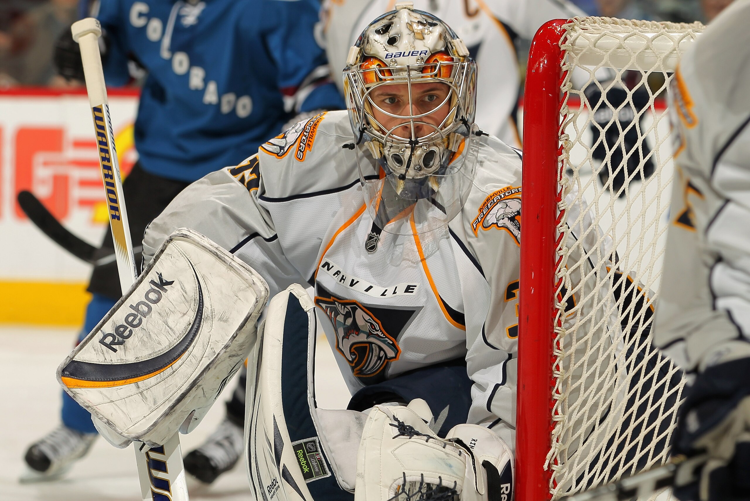 DENVER, CO - JANUARY 20: Goalie Pekka Rinne #35 of the Nashville Predators defends the net against the Colorado Avalanche at the Pepsi Center on January 20, 2011 in Denver, Colorado. Rinne had 32 saves as the Predators defeated the Avalanche 5-1. (Photo b