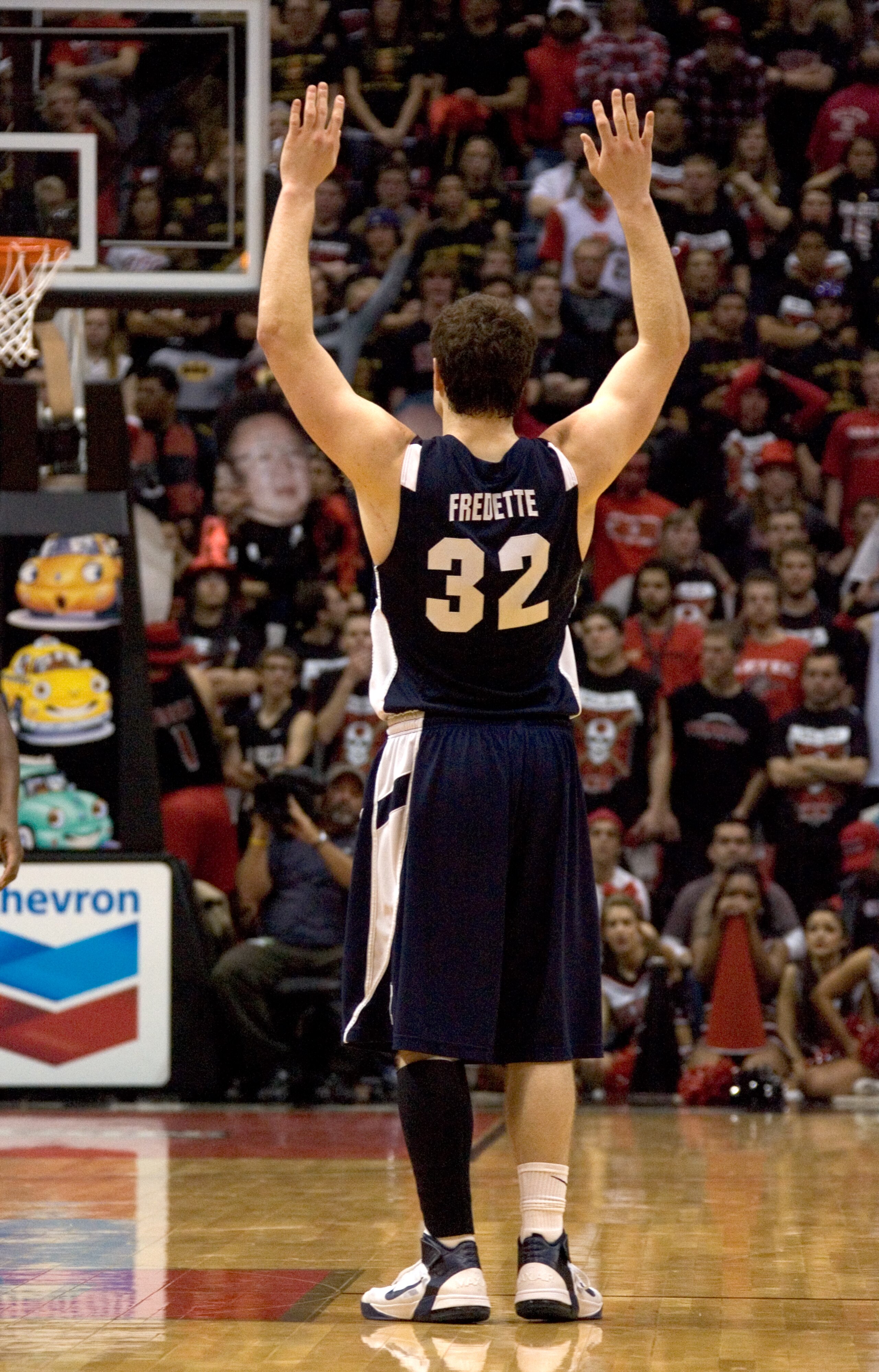 SAN DIEGO, CA - FEBRUARY 26:  Jimmer Fredette #32 of the Brigham Young Cougars celebrates the win against the San Diego State Aztecs during the second half at Cox Arena on February 26, 2011 in San Diego, California. BYU beat SDSU 80-67. (Photo by Kent Hor