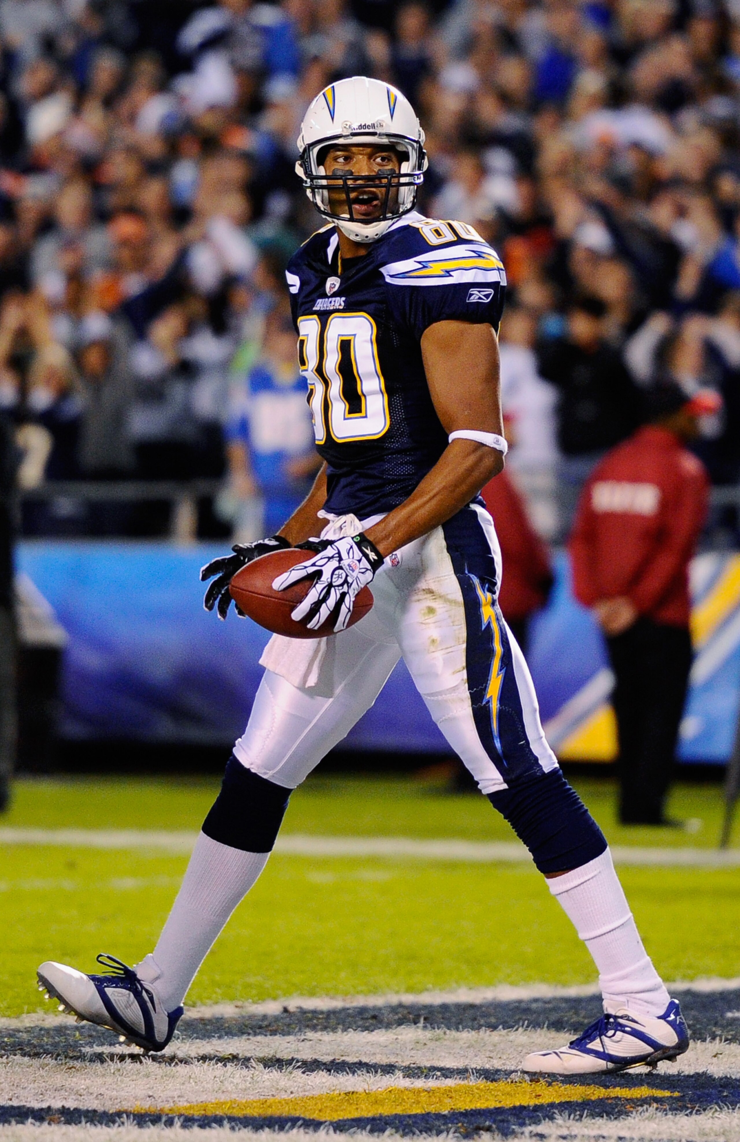 SAN DIEGO - NOVEMBER 22: Wide receiver Malcolm Floyd #80 of the San Diego Chargers after scoring a touchdown against  the Denver Broncos at Qualcomm Stadium on November 22, 2010 in San Diego, California.  Chargers defeated the Broncos, 35-14.  (Photo by K