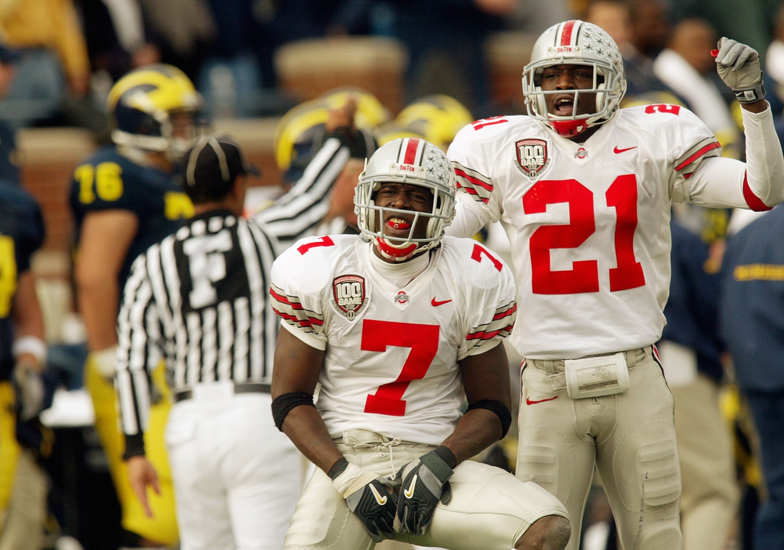 ANN ARBOR, MI - NOVEMBER 22:  Chris Gamble #7 and safety Nate Salley #21of the Ohio State Buckeyes show their disappointment on the field during the game against the Michigan Wolverines in the 100th meeting of the two teams November 22, 2003 at Michigan S
