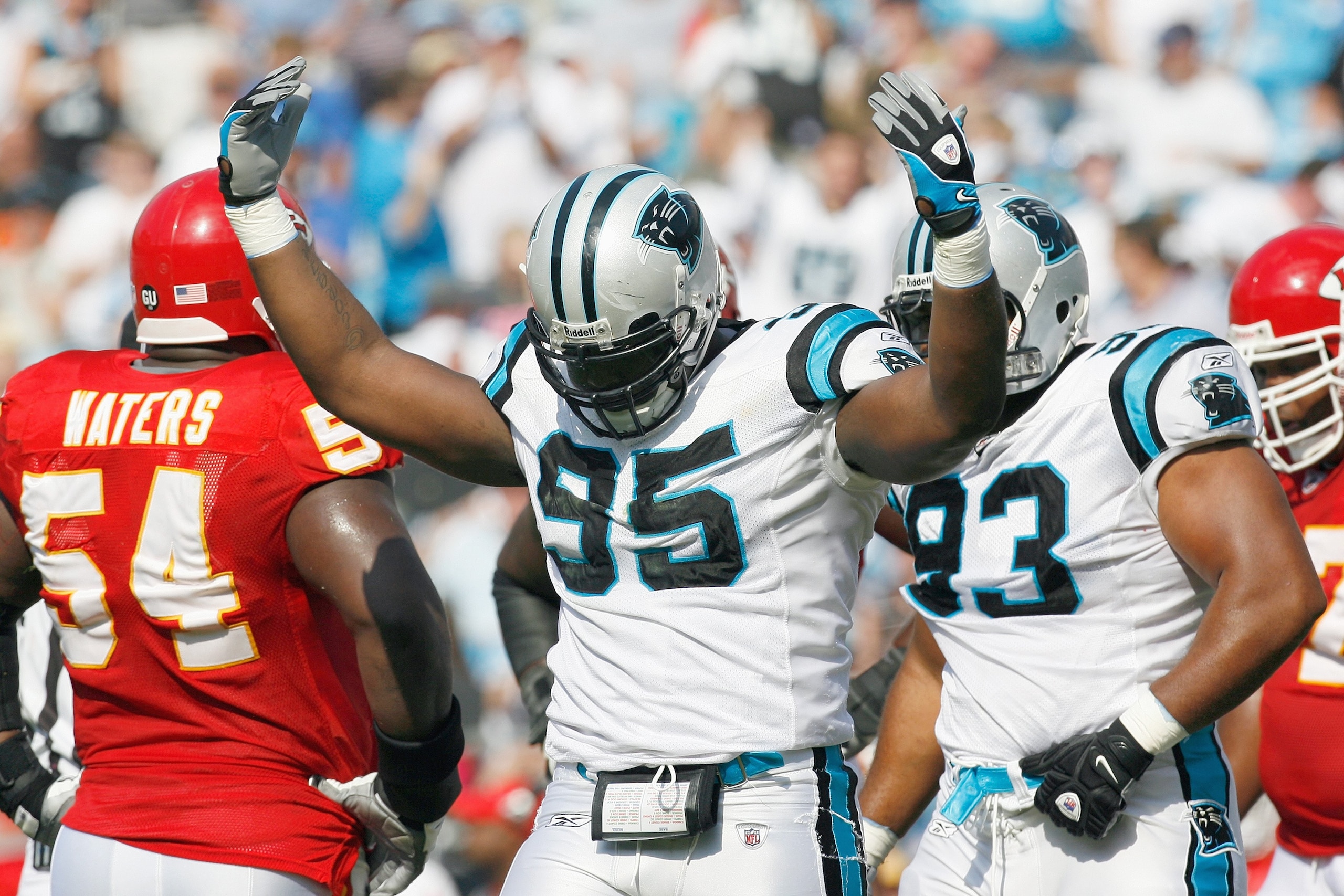 CHARLOTTE, NC - OCTOBER 05:  Charles Johnson #95 of the Carolina Panthers celebrates on the field during the game against the Kansas City Chiefs at Bank of America on October 5, 2008 in Charlotte, North Carolina.  (Photo by Kevin C. Cox/Getty Images)