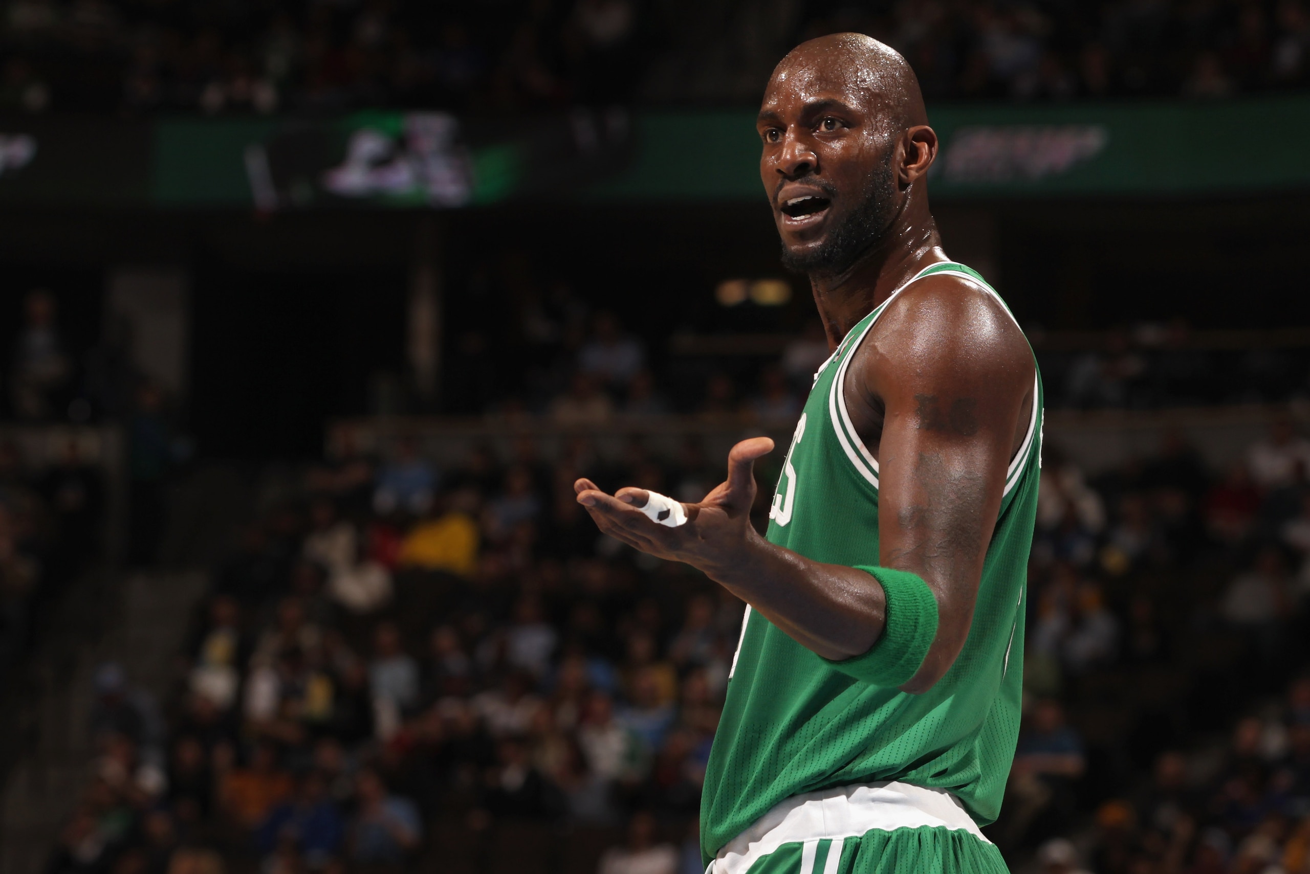 DENVER, CO - FEBRUARY 24:  Kevin Garnett #5 of the Boston Celtics reacts to a call as they face the Denver Nuggets during NBA action at the Pepsi Center on February 24, 2011 in Denver, Colorado. The Nuggets defeated the Celtics 89-75. NOTE TO USER: User e