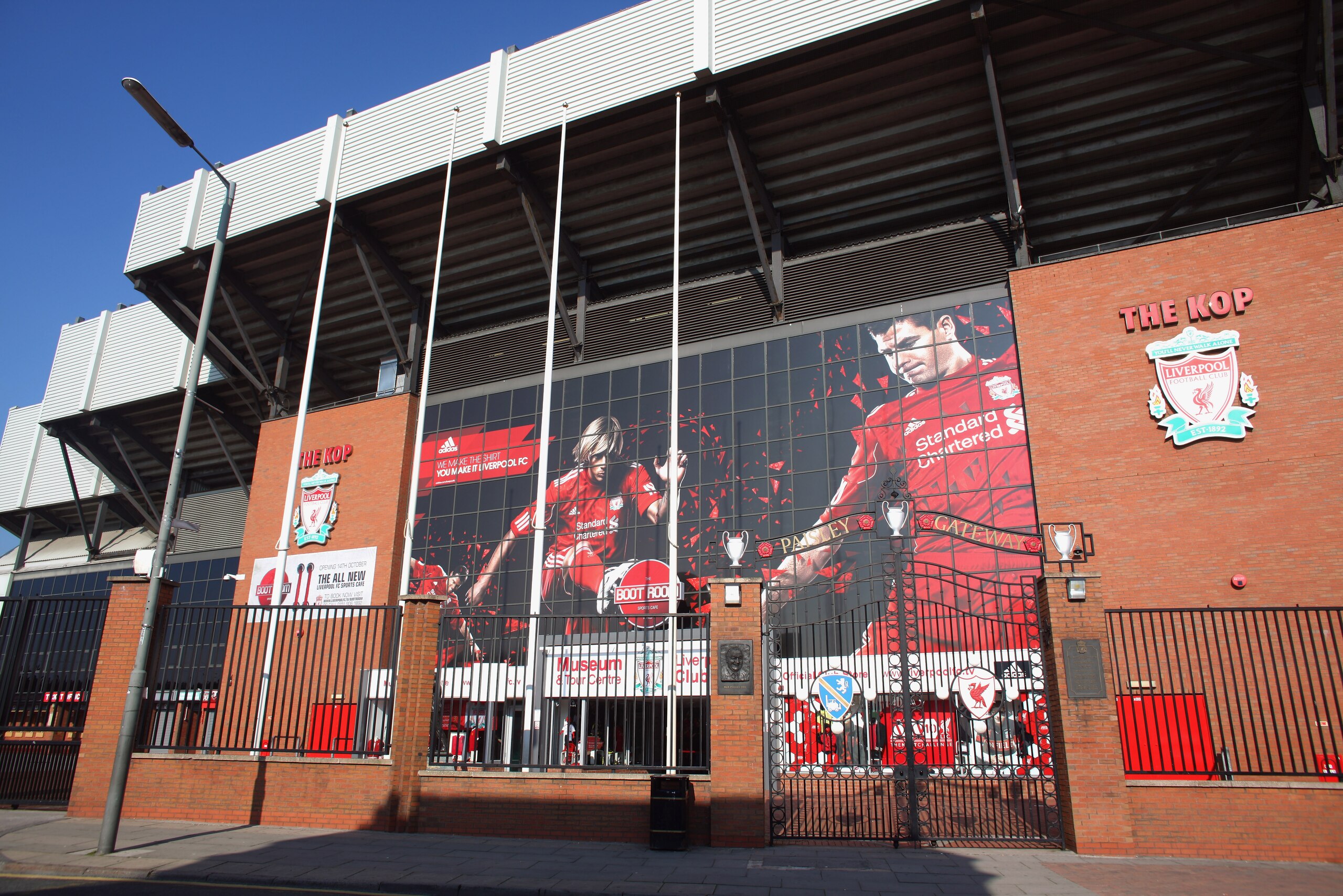 LIVERPOOL, ENGLAND - OCTOBER 12:  The Paisley Gateway of Anfield at Liverpool Football Club on October 12, 2010 in Liverpool, England. The Royal Bank of Scotland, which holds the majority of Liverpool's debts, is seeking a high court order to prevent the