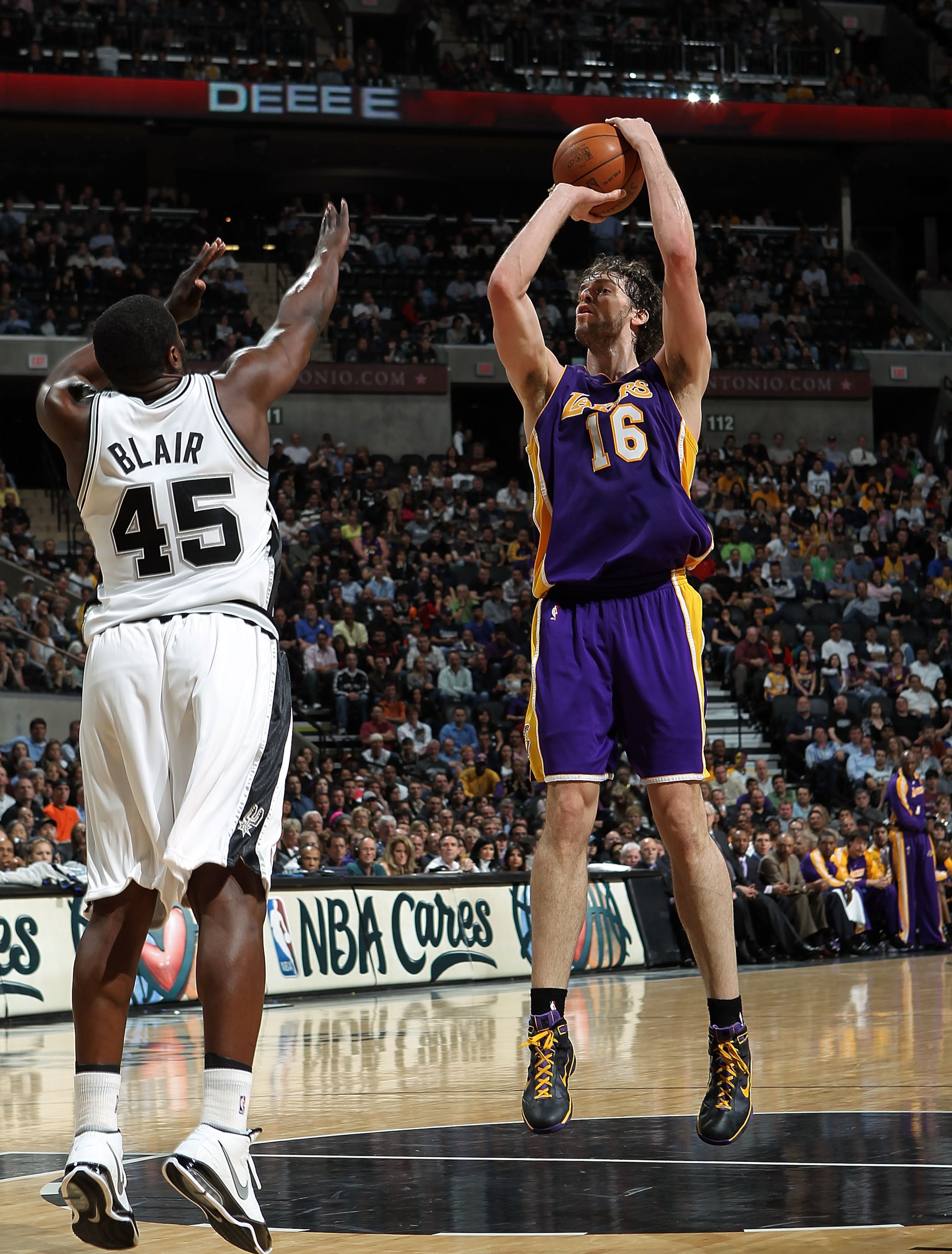 SAN ANTONIO - MARCH 24: Forward Pau Gasol #16 of the Los Angeles Lakers takes a shot against DeJuan Blair #45 of the San Antonio Spurs at AT&T Center on March 24, 2010 in San Antonio, Texas. NOTE TO USER: User expressly acknowledges and agrees that, by do