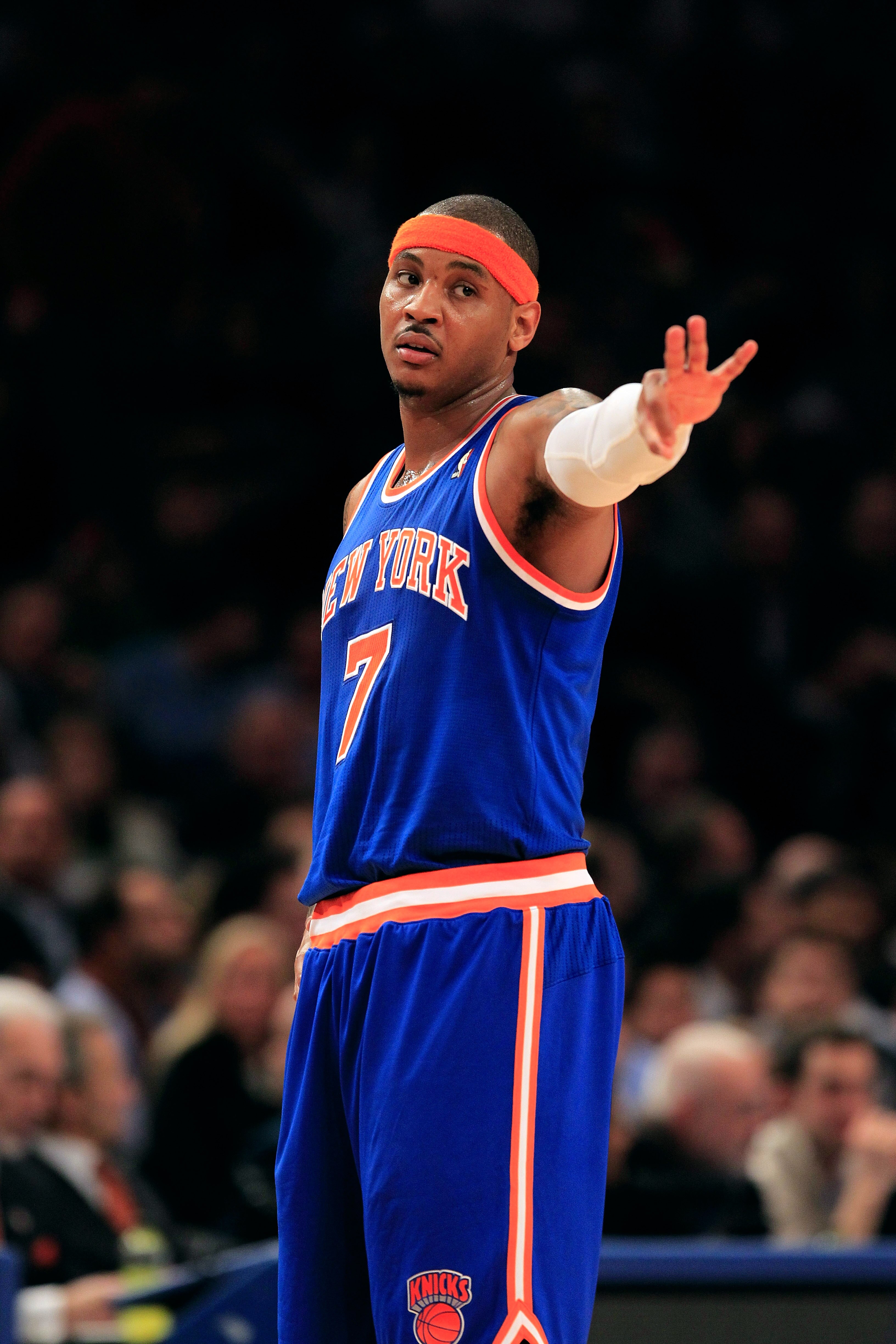 NEW YORK, NY - FEBRUARY 23:  Carmelo Anthony #7 of the New York Knicks on the court against the Milwaukee Bucks at Madison Square Garden on February 23, 2011 in New York City. NOTE TO USER: User expressly acknowledges and agrees that, by downloading and/o