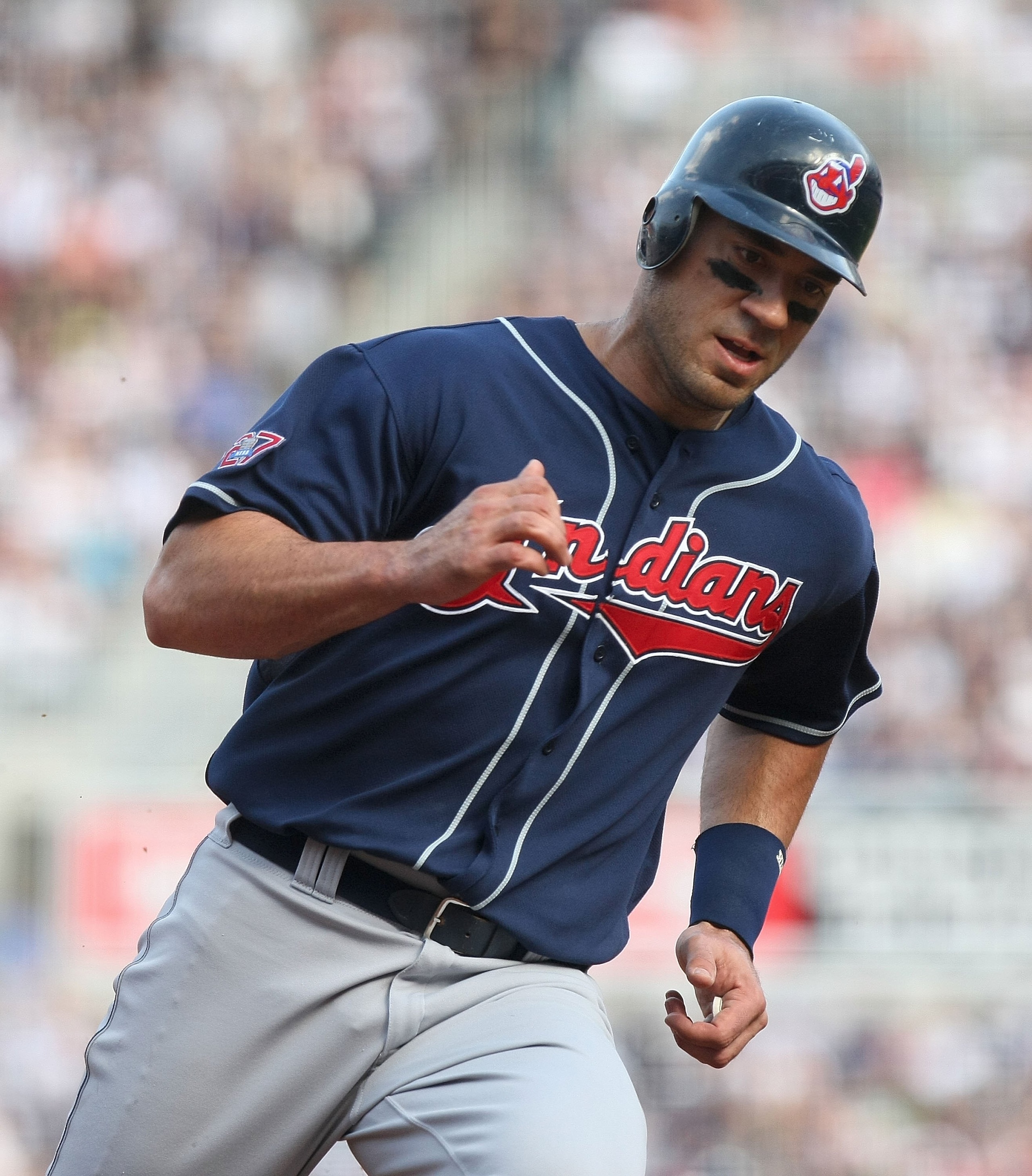 NEW YORK - APRIL 18:  Travis Hafner #48 of the Cleveland Indians runs the bases against the New York Yankees at Yankee Stadium on April 18, 2009 in the Bronx borough of New York City.  (Photo by Nick Laham/Getty Images)