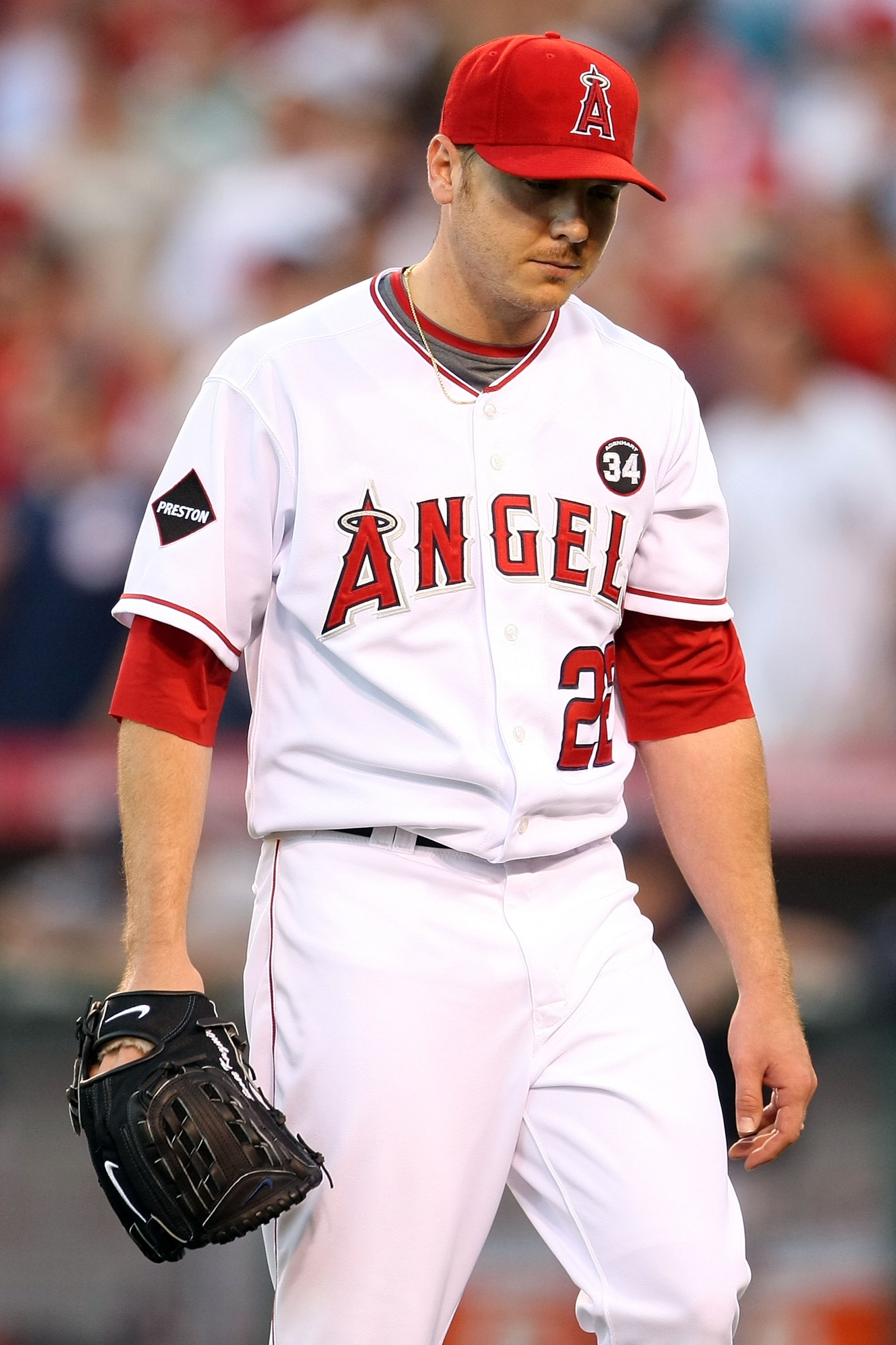 ANAHEIM, CA - OCTOBER 20:  Scott Kazmir #22 of the Los Angeles Angels of Anaheim reacts in Game Four of the ALCS against the New York Yankees during the 2009 MLB Playoffs at Angel Stadium on October 20, 2009 in Anaheim, California.  (Photo by Stephen Dunn