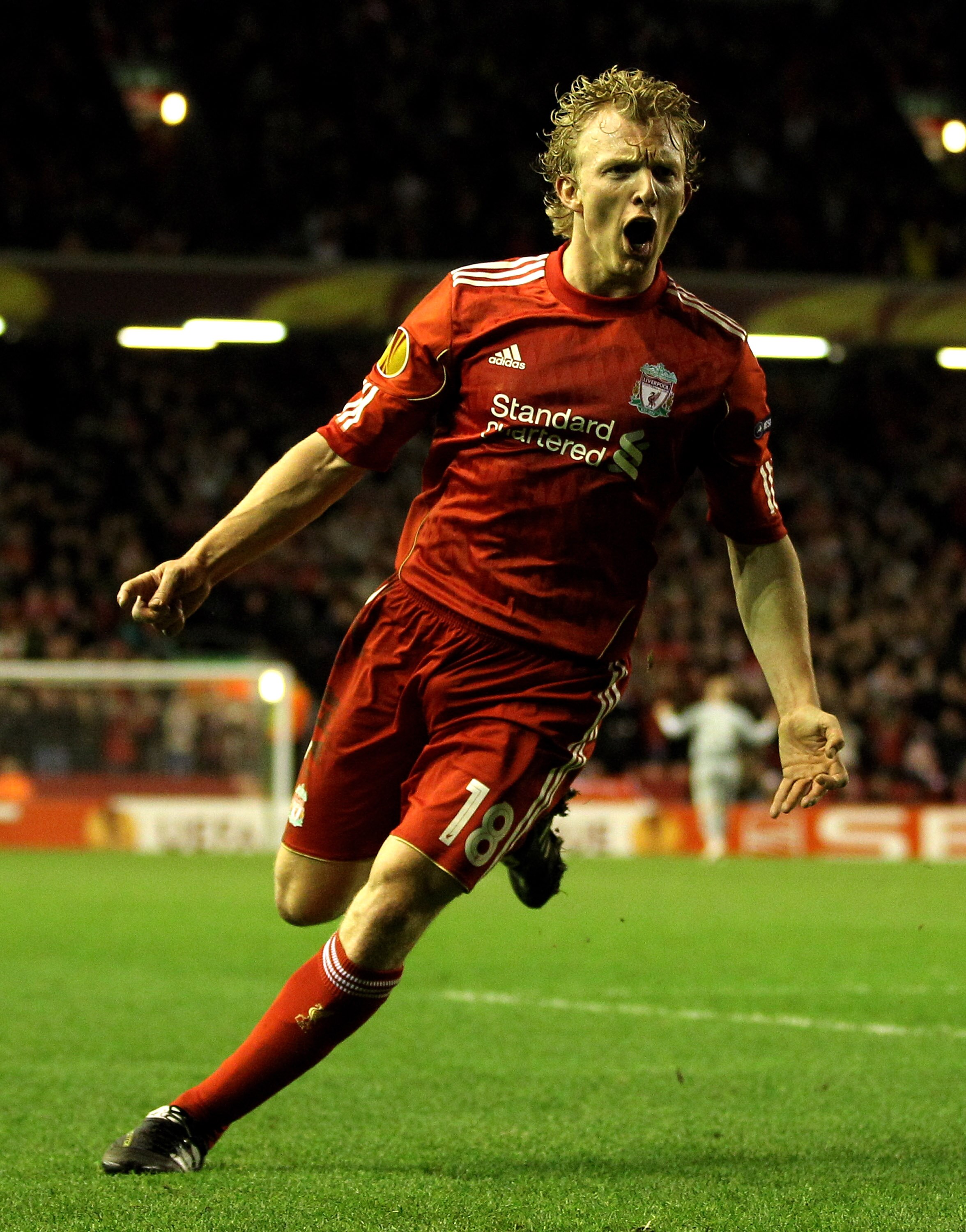 LIVERPOOL, ENGLAND - FEBRUARY 24:  Dirk Kuyt of Liverpool celebrates scoring the winning goal during the UEFA Europa League Round of 32 2nd leg match beteween Liverpool and Sparta Prague at Anfield on February 24, 2011 in Liverpool, England.  (Photo by Ri