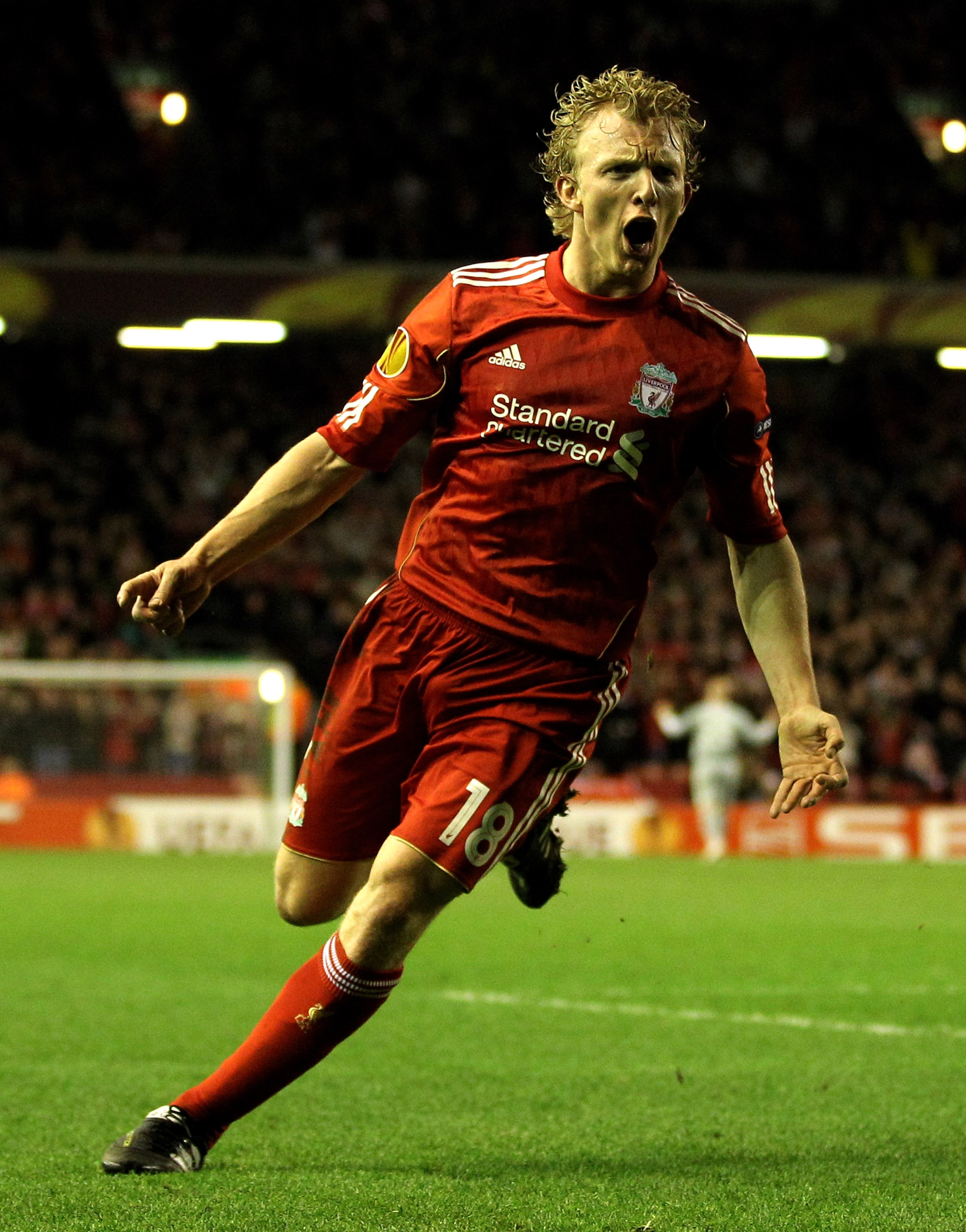 LIVERPOOL, ENGLAND - FEBRUARY 24:  Dirk Kuyt of Liverpool celebrates scoring the winning goal during the UEFA Europa League Round of 32 2nd leg match beteween Liverpool and Sparta Prague at Anfield on February 24, 2011 in Liverpool, England.  (Photo by Ri