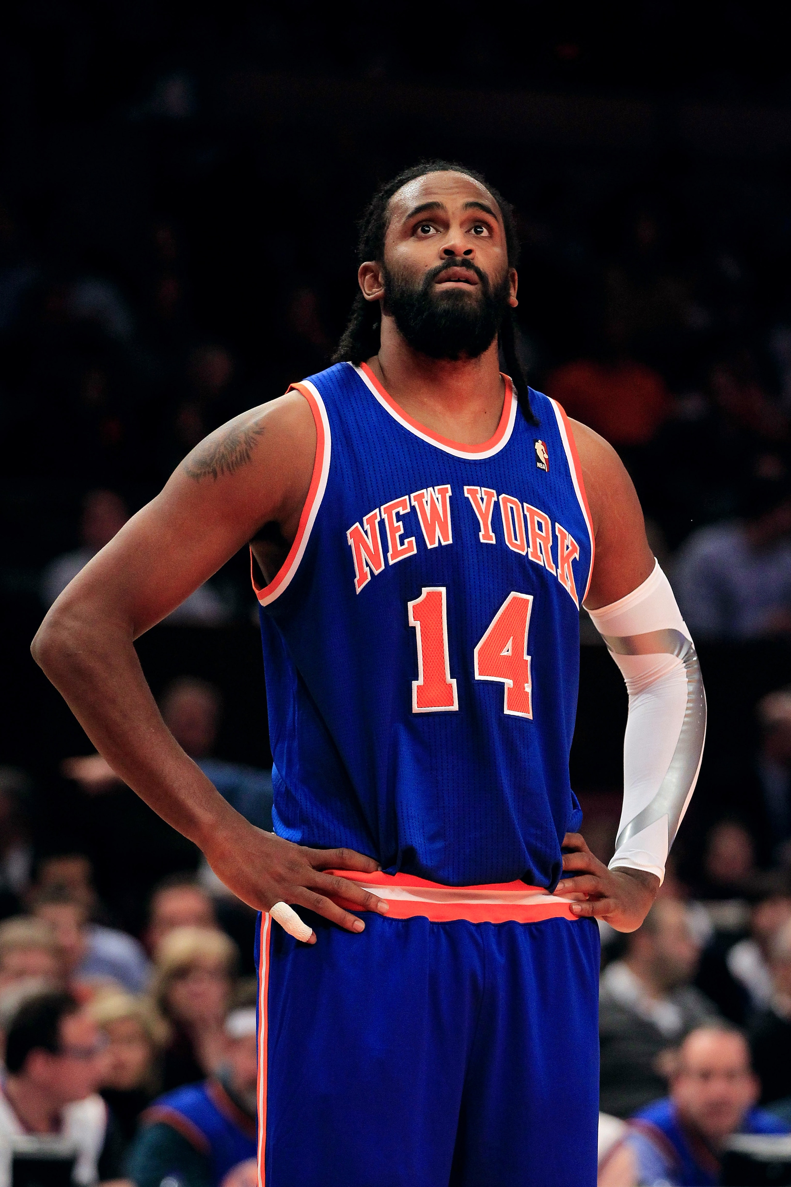 NEW YORK, NY - FEBRUARY 23: Ronny Turiaf #14 of the New York Knicks on the court against the Milwaukee Bucks at Madison Square Garden on February 23, 2011 in New York City. NOTE TO USER: User expressly acknowledges and agrees that, by downloading and/or NEW YORK, NY - FEBRUARY 23: Ronny Turiaf #14 of the New York Knicks on the court against the Milwaukee Bucks at Madison Square Garden on February 23, 2011 in New York City. NOTE TO USER: User expressly acknowledges and agrees that, by downloading and/or