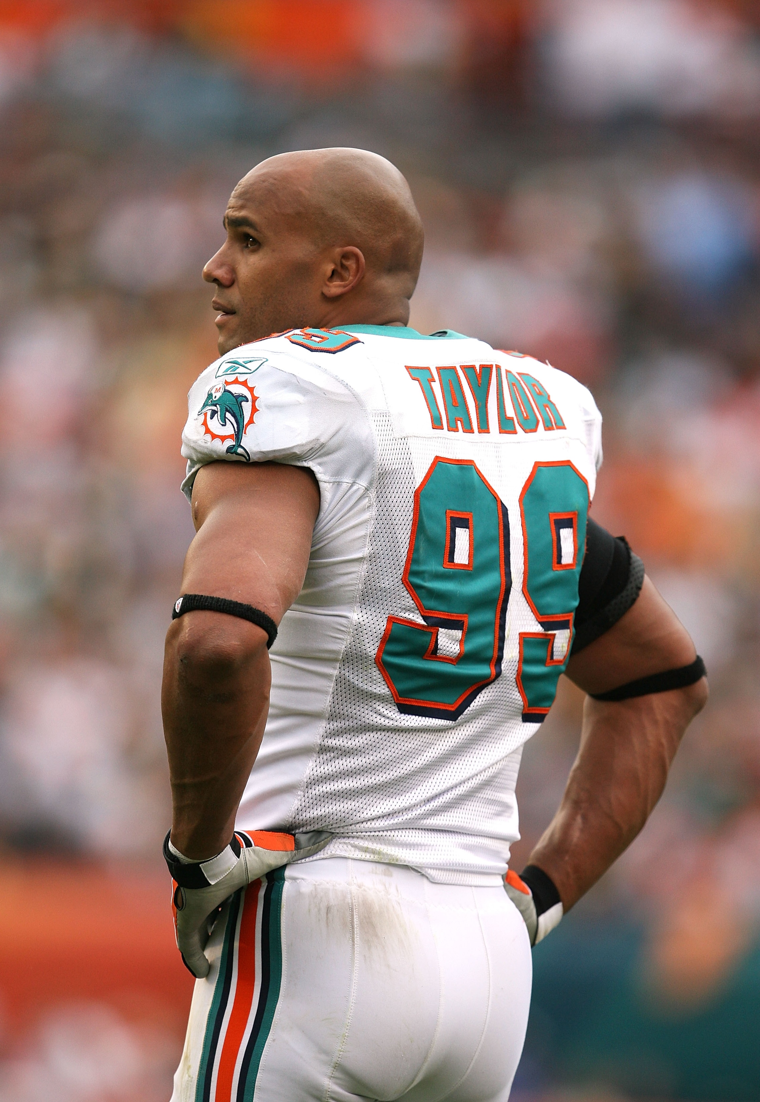 MIAMI - JANUARY 03:  Linebacker Jason Taylor #99 of the Miami Dolphins looks on as the last few moments of the game tick away against the Pittsburgh Steelers calls out a play at the line of scrimmage at Land Shark Stadium on January 3, 2010 in Miami, Flor