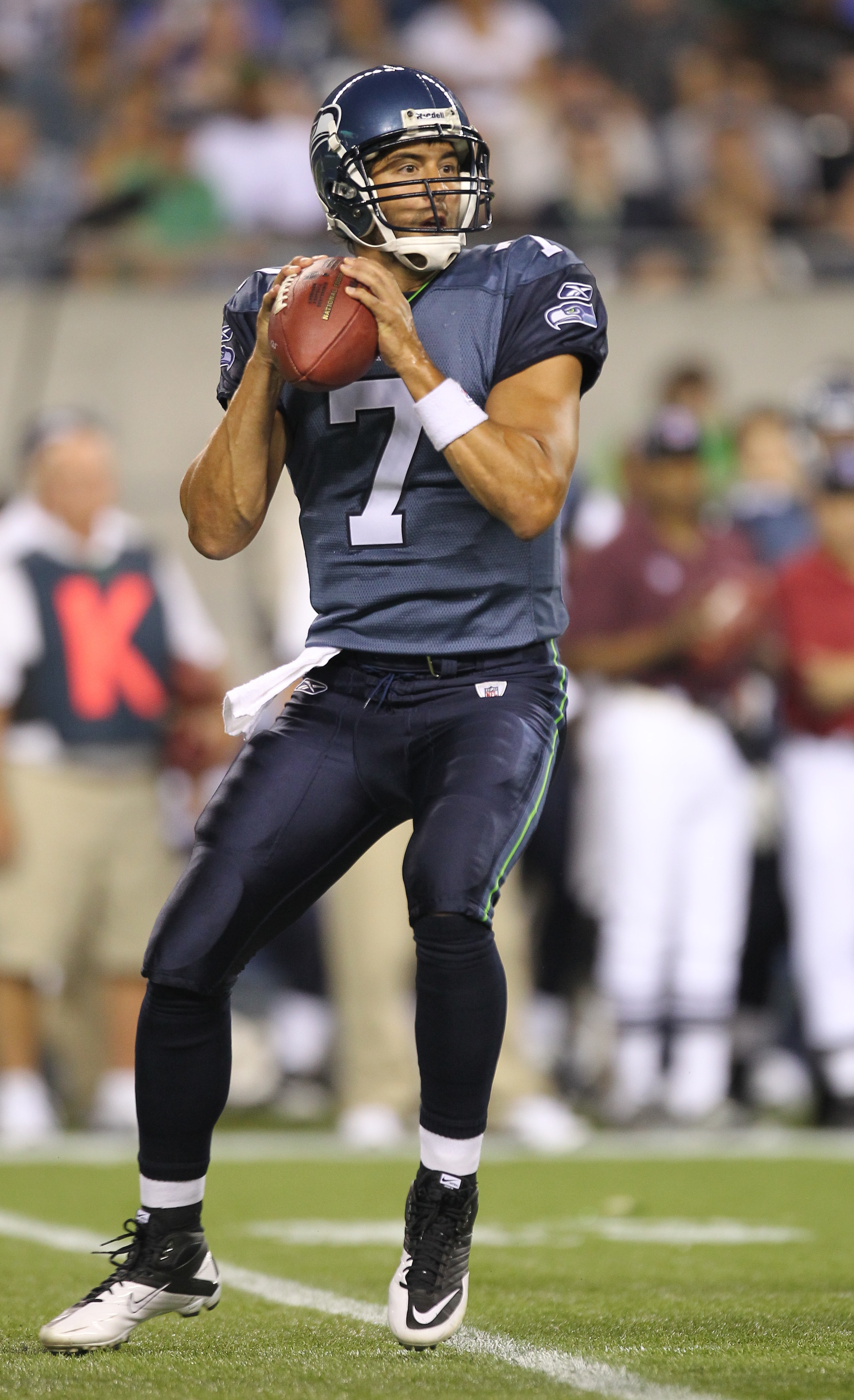 SEATTLE - AUGUST 14:  Quarterback J.P. Losman #7 of the Seattle Seahawks passes during the preseason game against the Tennessee Titans at Qwest Field on August 14, 2010 in Seattle, Washington. (Photo by Otto Greule Jr/Getty Images)