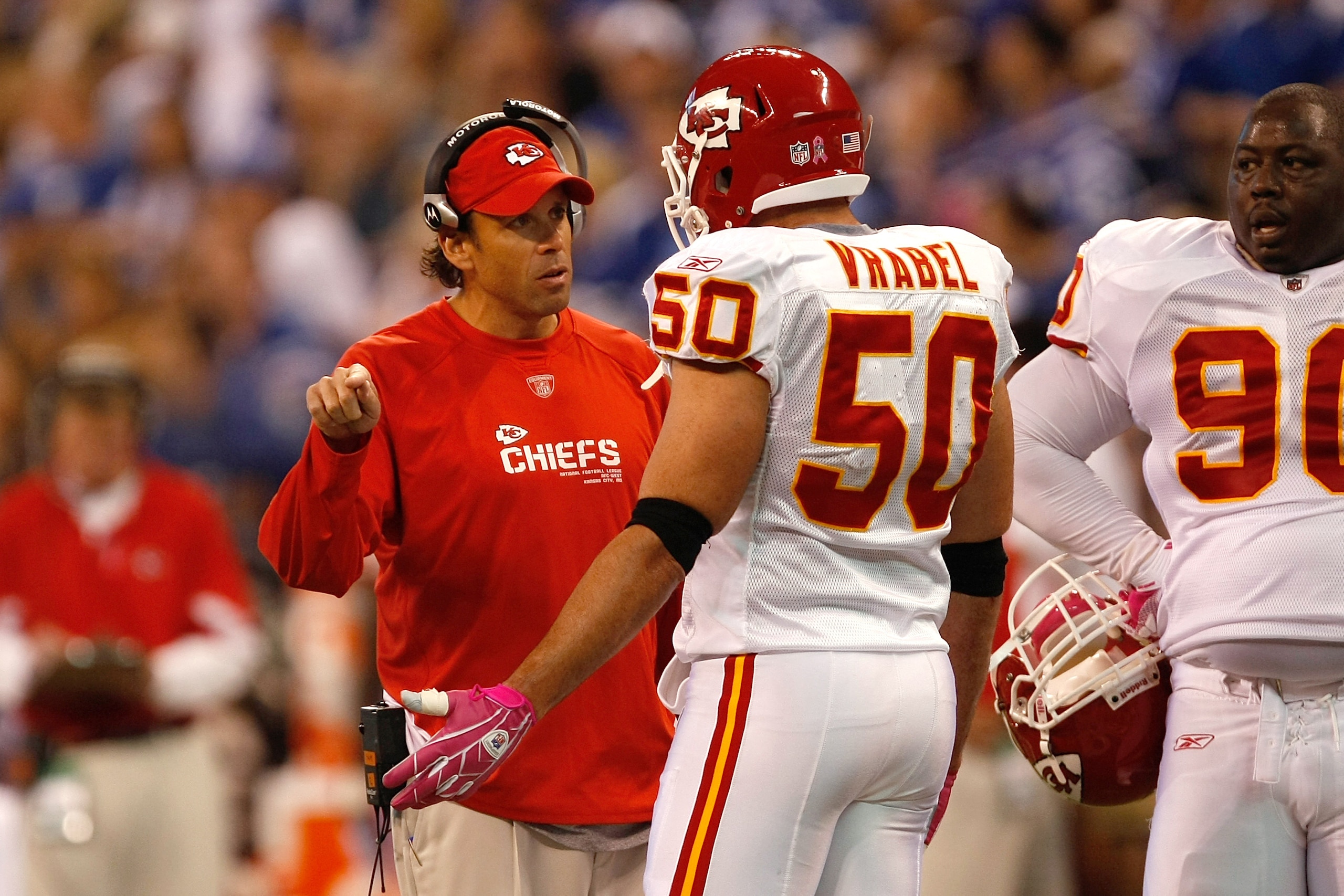 INDIANAPOLIS, IN - OCTOBER 10: Coach Todd Haley of the Kansas City Chiefs talks with Mike Vrabel #50 against the Indianapolis Colts at Lucas Oil Stadium on October 10, 2010 in Indianapolis, Indiana.  (Photo by Scott Boehm/Getty Images)
