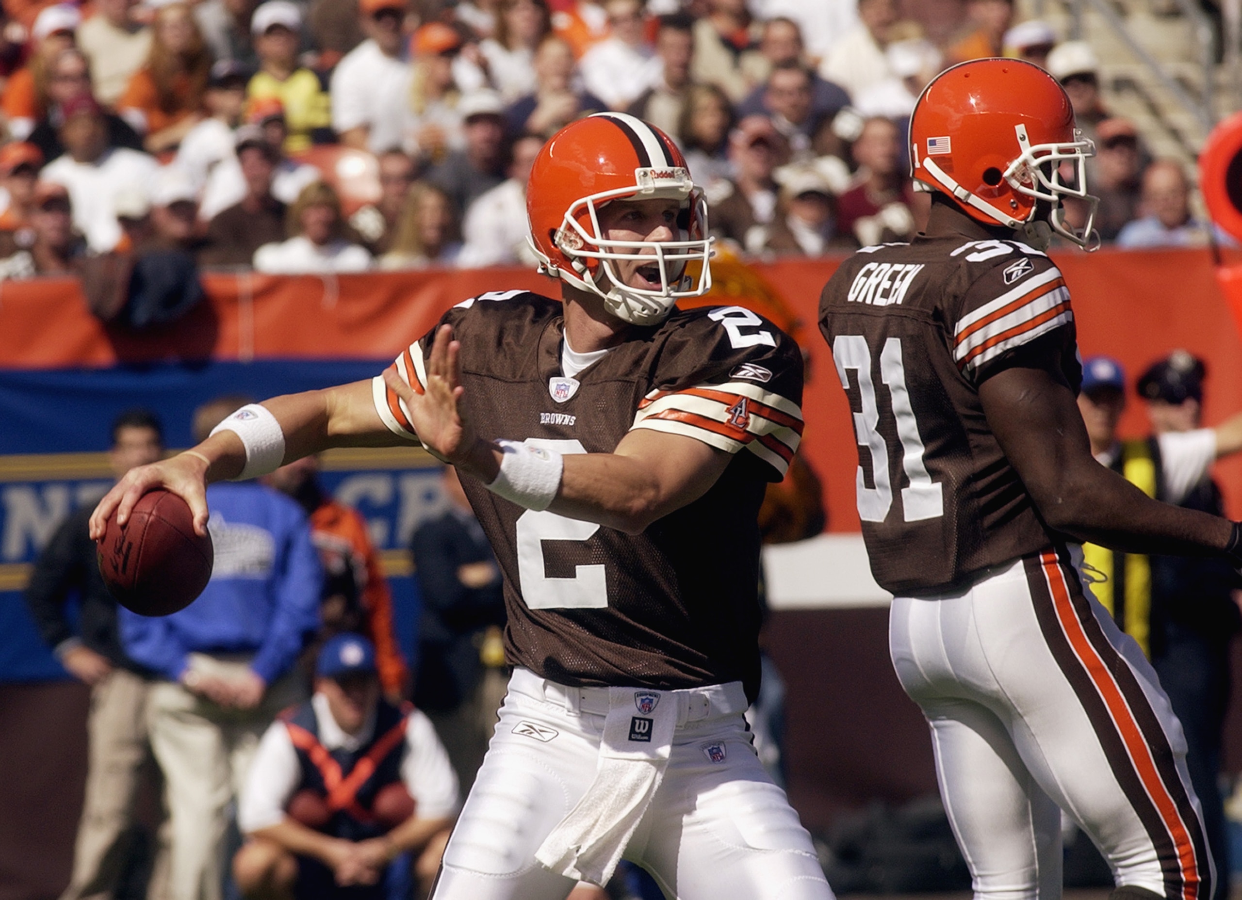 CLEVELAND - SEPTEMBER 28:  Quarterback Tim Couch #2 of the Cleveland Browns throws a pass against the Cincinnati Bengals at Cleveland Browns Stadium on September 28, 2003 in Cleveland, Ohio. The Bengals defeated the Browns 21-14.  (Photo by Phil Long/Gett