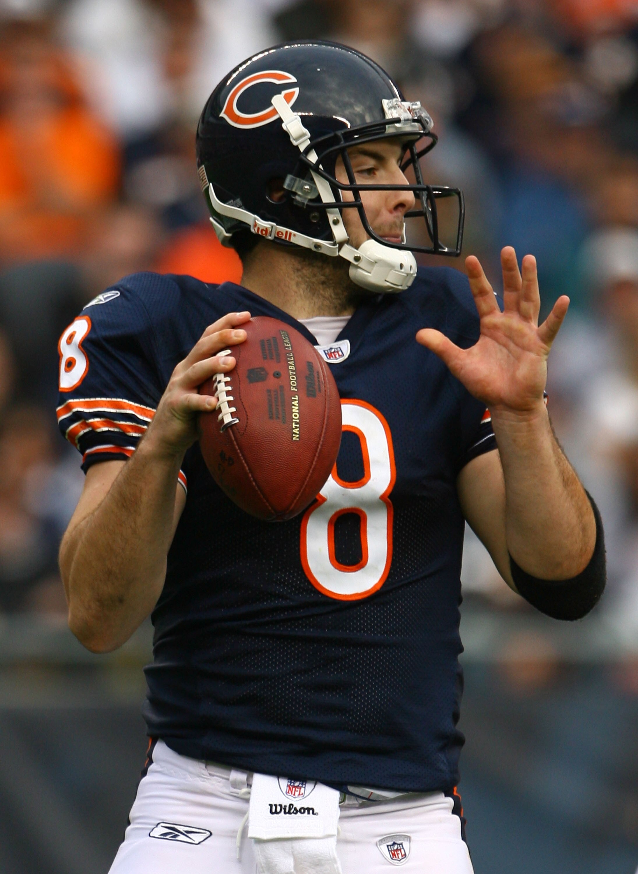 CHICAGO - NOVEMBER 02:  Quarterback Rex Grossman #8 of the Chicago Bears drops back to pass against the Detroit Lions during the fourth quarter at Soldier Field on November 2, 2008 in Chicago, Illinois. The Bears defeated the Lions 27-23.  (Photo by Jeff 