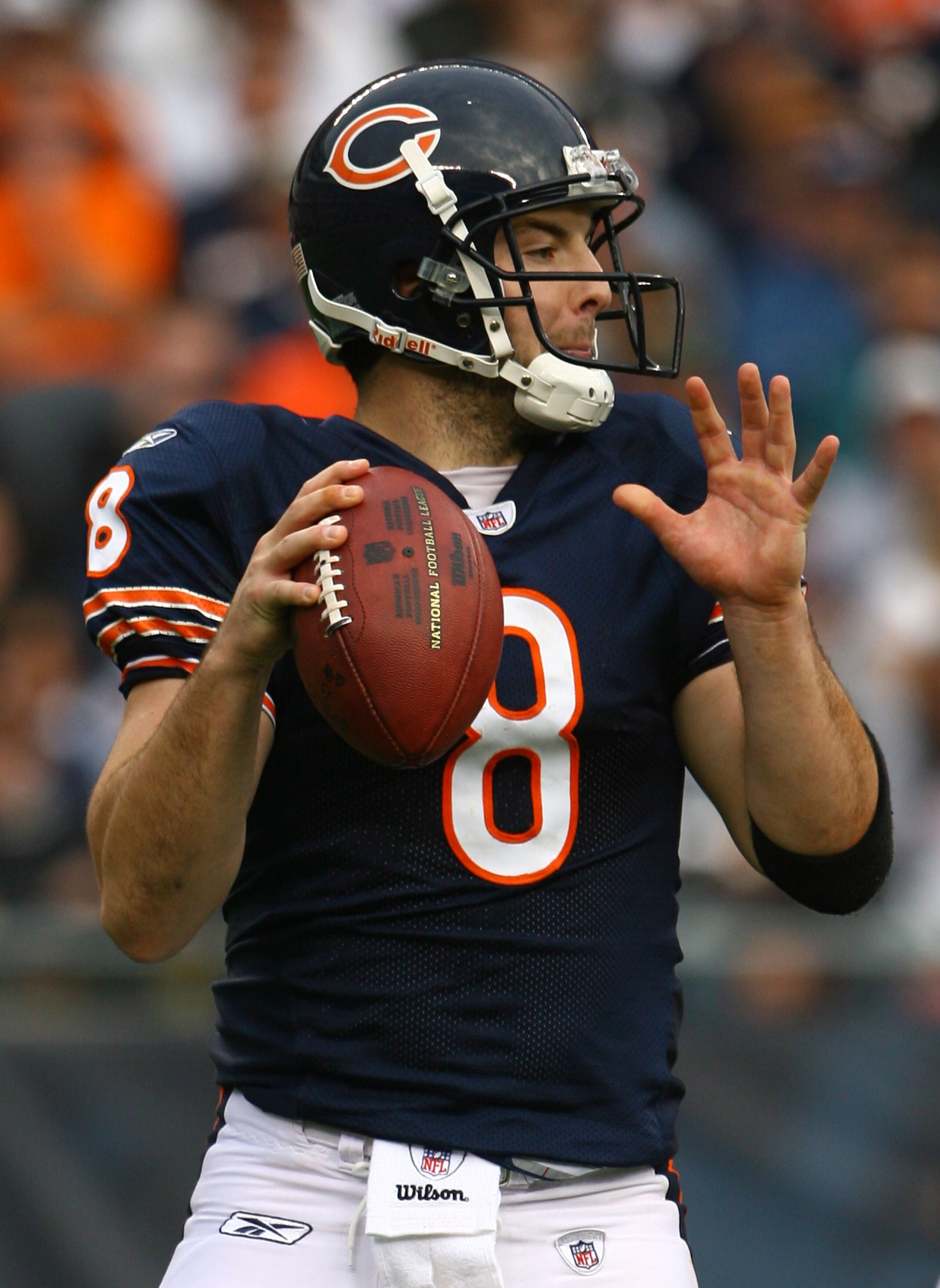 CHICAGO - NOVEMBER 02:  Quarterback Rex Grossman #8 of the Chicago Bears drops back to pass against the Detroit Lions during the fourth quarter at Soldier Field on November 2, 2008 in Chicago, Illinois. The Bears defeated the Lions 27-23.  (Photo by Jeff 