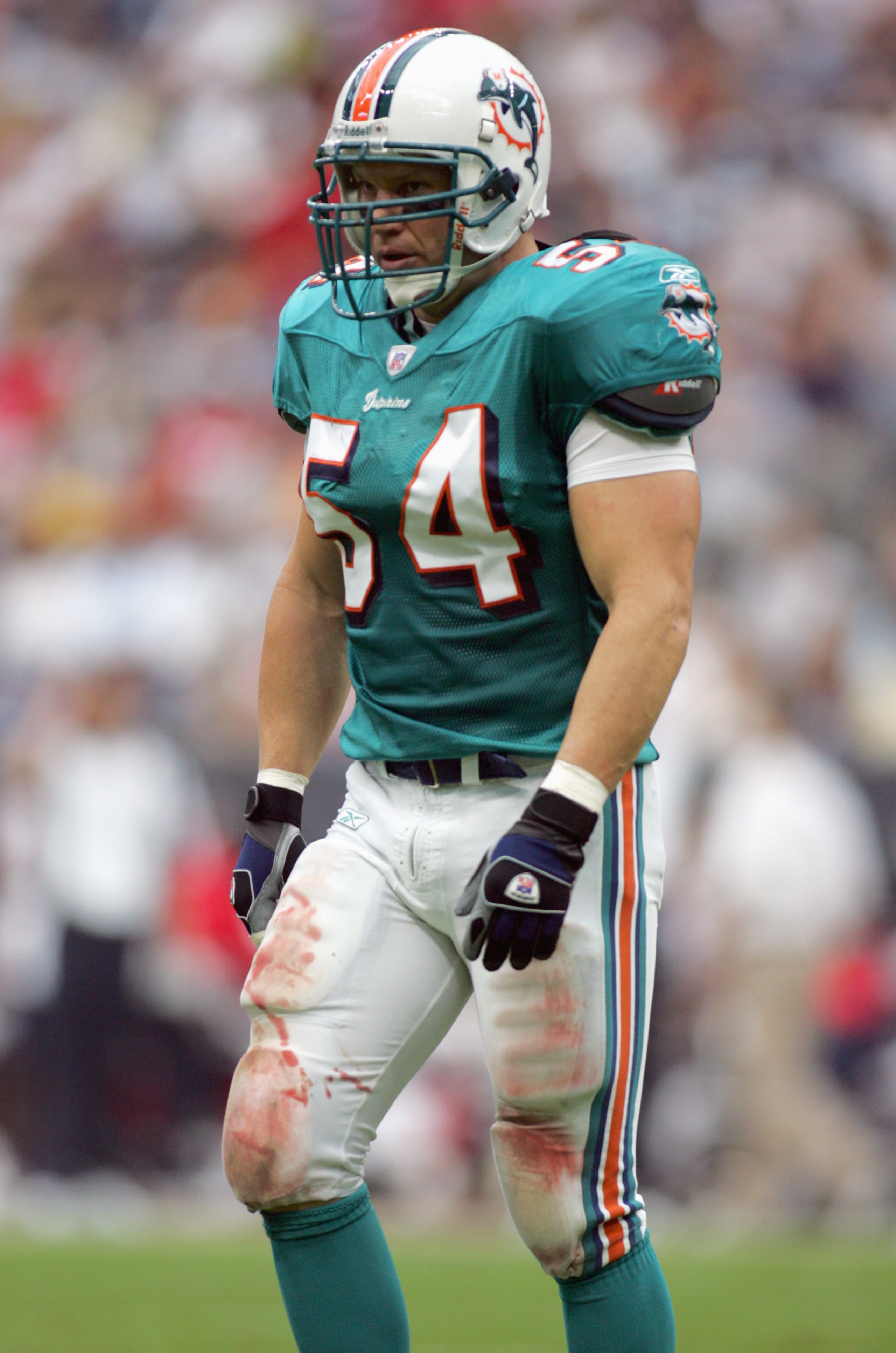 HOUSTON -OCTOBER 1:  Zach Thomas #54 of the Miami Dolphins walks on the field during the game against the Houston Texans at Reliant Stadium on October 1, 2006 in Houston, Texas. (Photo by Ronald Martinez/Getty Images)