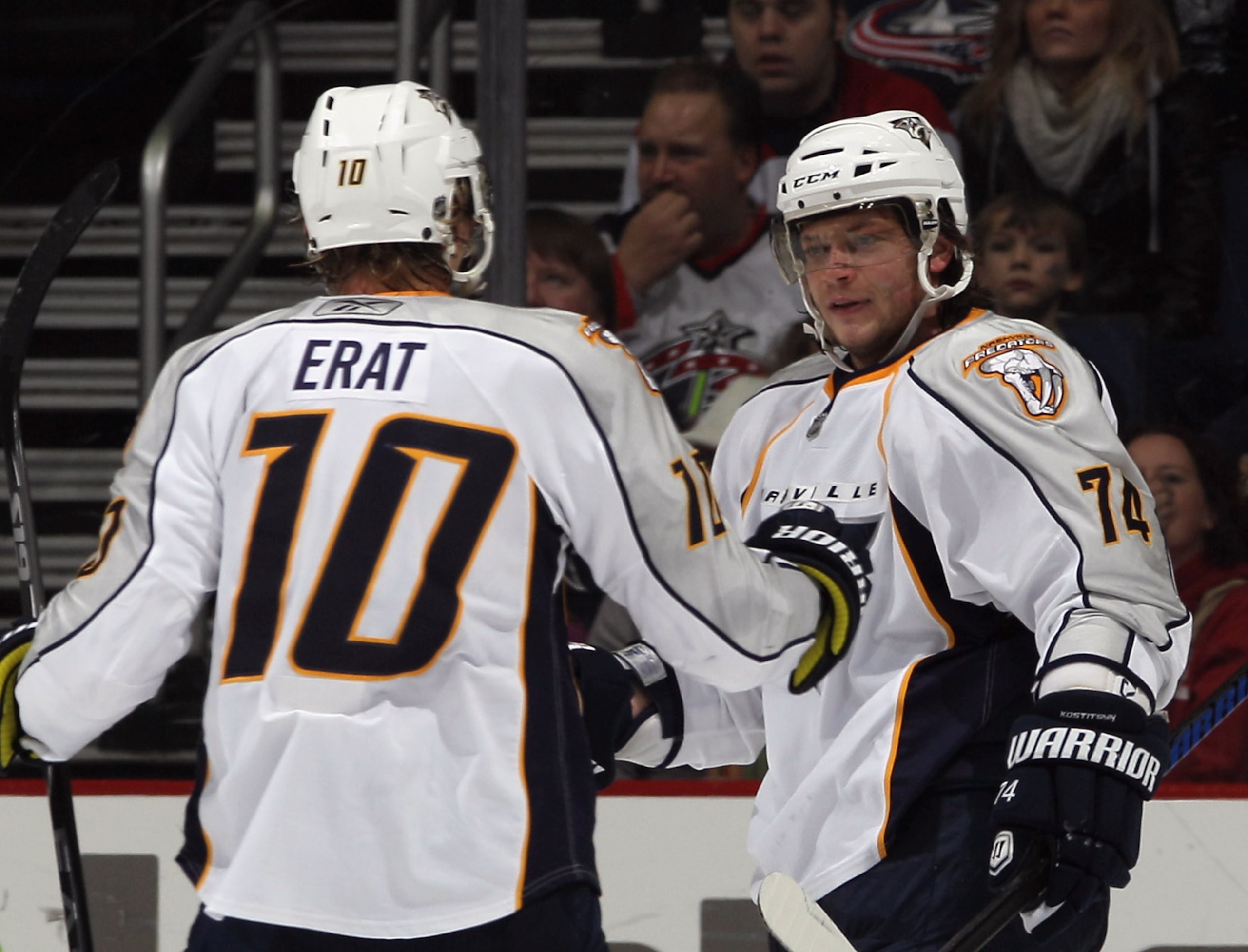 COLUMBUS, OH - DECEMBER 01: Sergei Kostitsyn #74 (R) of the Nashville Predators scores a second period goal against the Columbus Blue Jackets and is greeted by Matrin Erat #10 (L) of the Columbus Blue Jackets at the Nationwide Arena on December 1, 2010 in