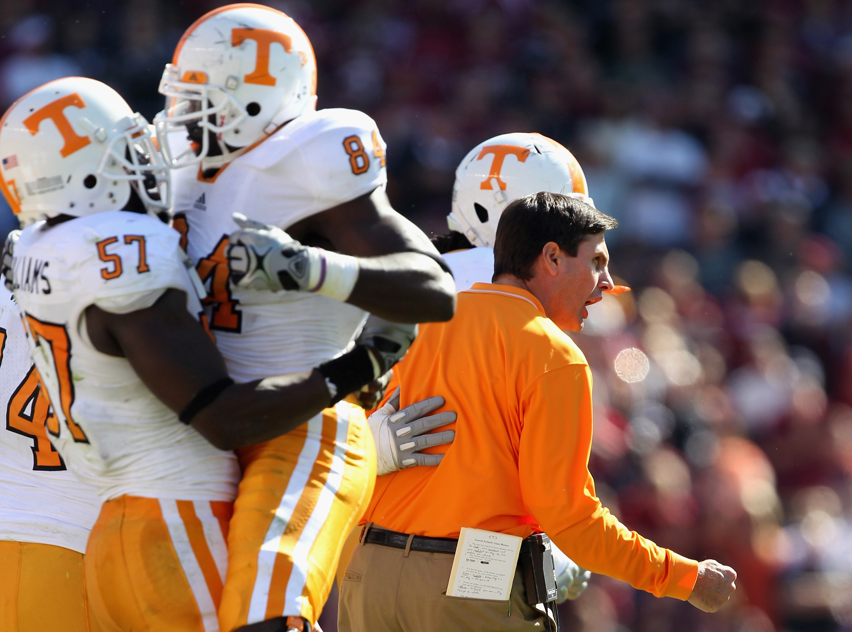 COLUMBIA, SC - OCTOBER 30: Head coach Derek Dooley of the Tennessee Volunteers watches on against the South Carolina Gamecocks during their game at Williams-Brice Stadium on October 30, 2010 in Columbia, South Carolina. (Photo by Streeter Lecka/Getty Im