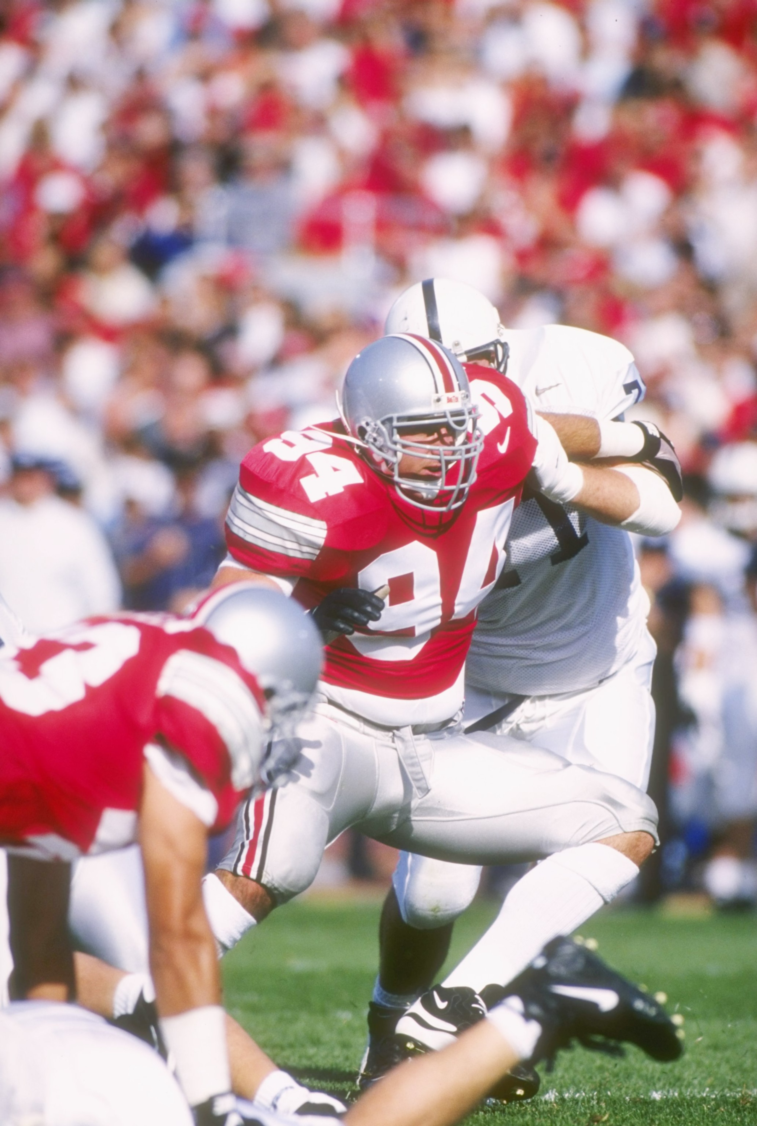 5 Oct 1996: Defensive end Mike Vrabel #94 of the Ohio State Buckeyes works against the Penn State Nittany Lions during a game at Ohio Stadium in Columbus, Ohio. Ohio State won the game, 38-7.