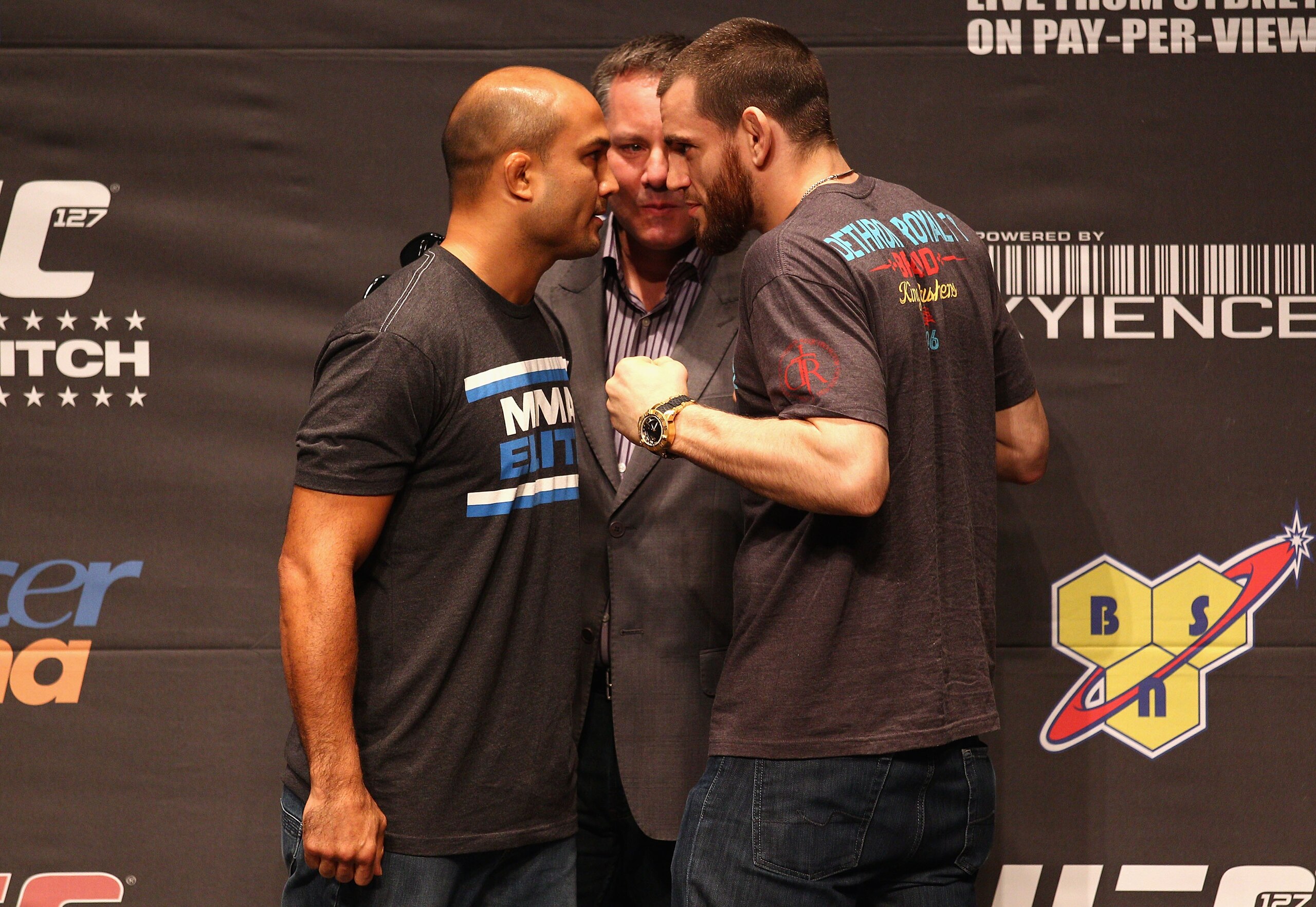 SYDNEY, AUSTRALIA - FEBRUARY 23:  BJ Penn (L) and Jon Fitch (R) of the USA pose up during a Press Conference ahead of UFC 127 at Star City on February 23, 2011 in Sydney, Australia.  (Photo by Ryan Pierse/Getty Images)