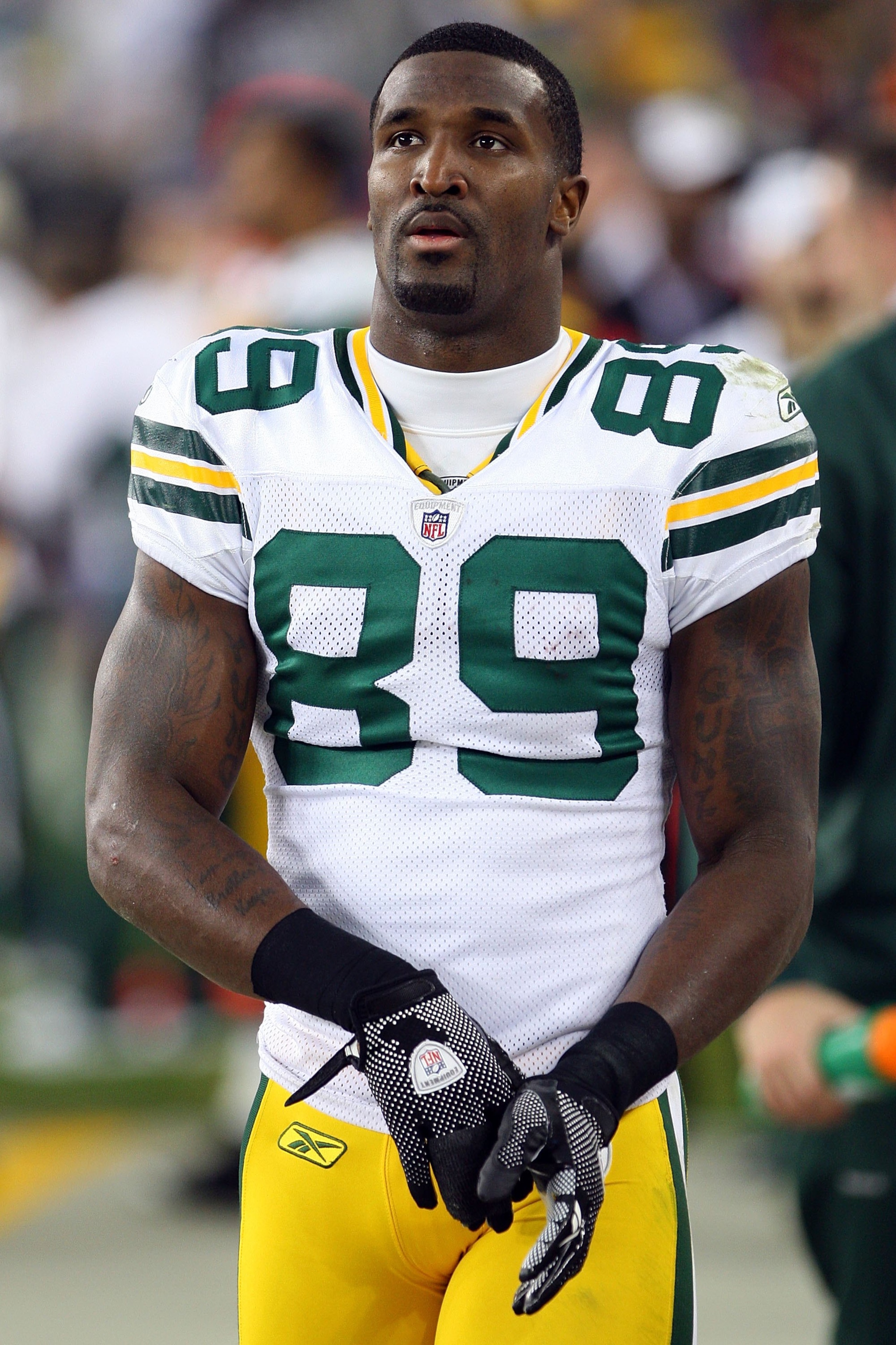 GLENDALE, AZ - JANUARY 03:  Wide receiver James Jones #89 of the Green Bay Packers looks on from the sideline against the Arizona Cardinals at University of Phoenix Stadium on January 3, 2010 in Glendale, Arizona.  (Photo by Maxx Wolfson/Getty Images)